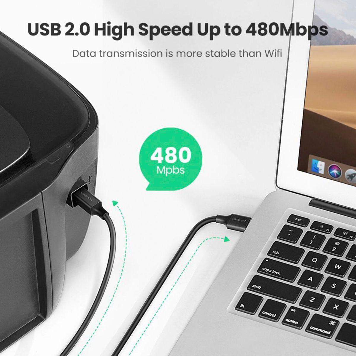 Laptop podłączony do drukarki za pomocą kabla USB. Tekst wspomina "USB 2.0 High Speed Up to 480Mbps".