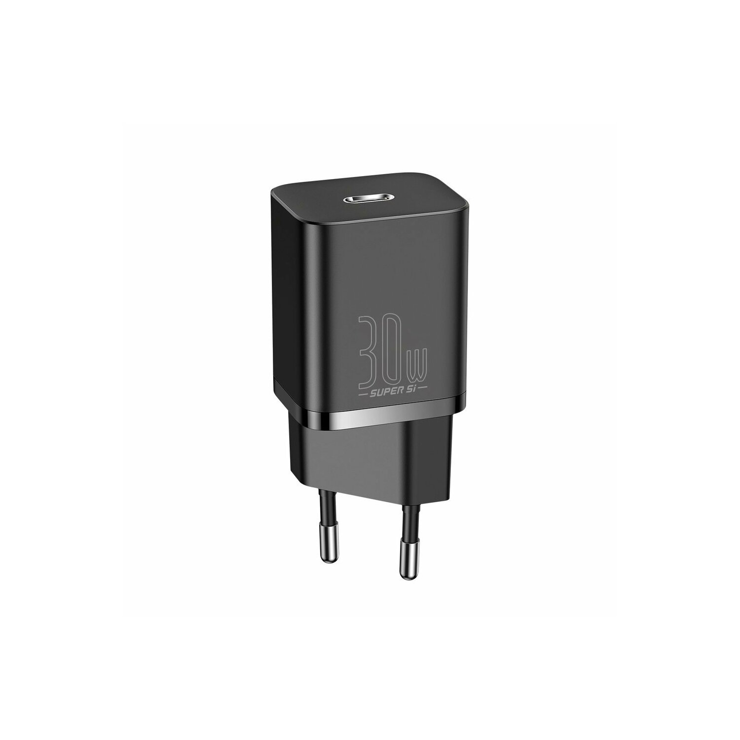 Ein schwarzes 30W Super Si Ladegerät mit zwei Stiften.