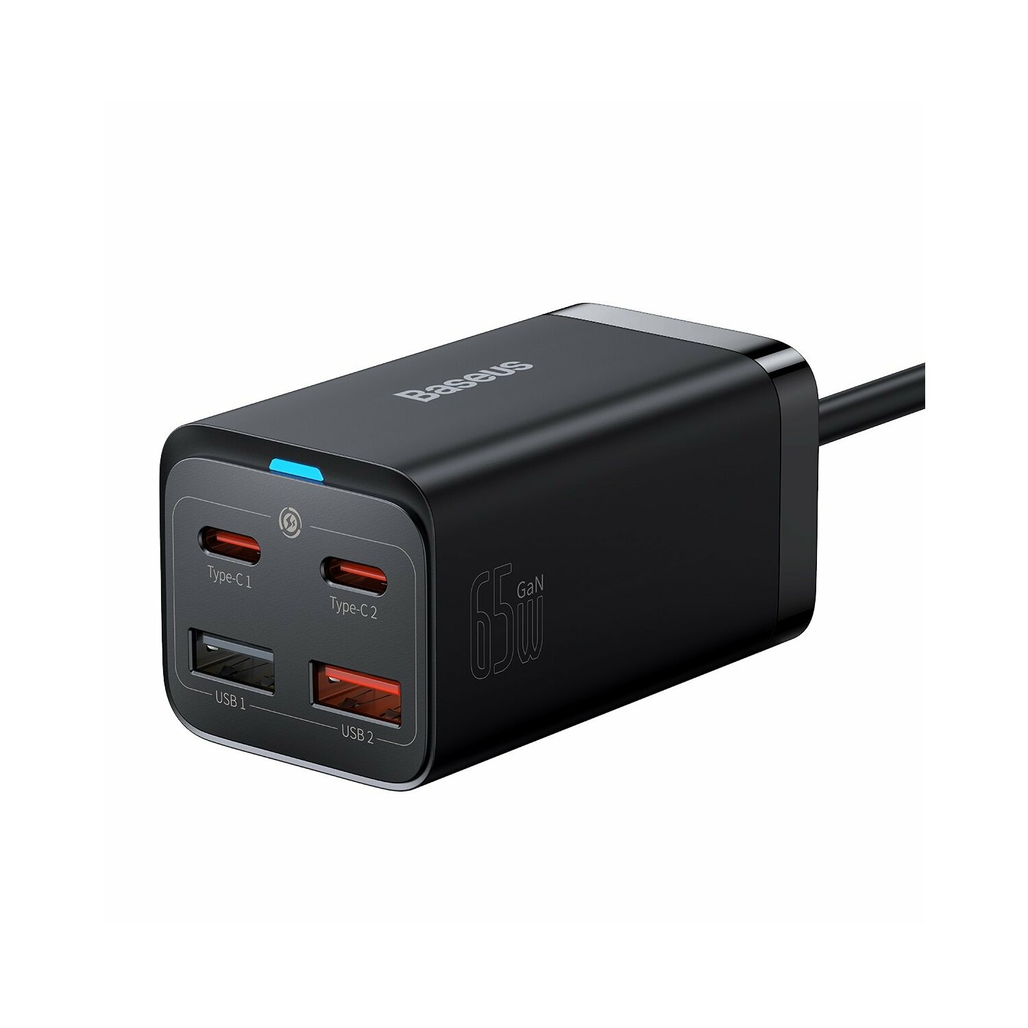 Chargeur Baseus GaN noir avec plusieurs ports. Il a une lumière bleue et une puissance.