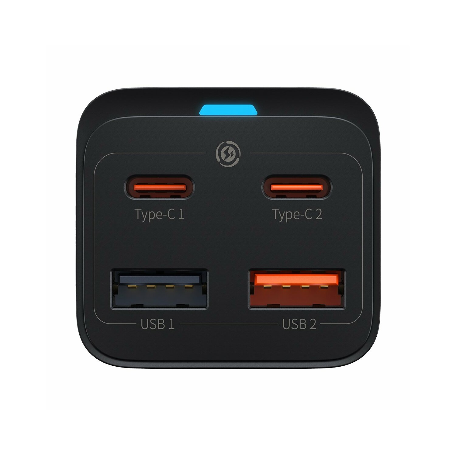 Adaptateur de charge noir avec quatre ports : deux USB-C et deux USB-A, avec un indicateur lumineux bleu.