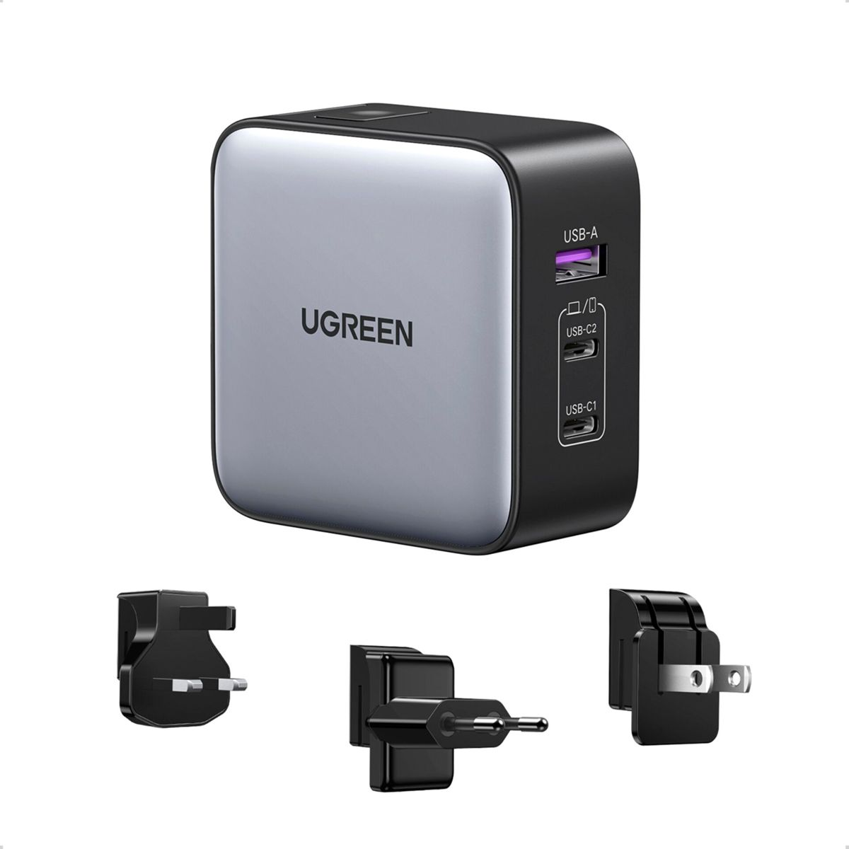 A black and grey UGREEN power adapter with several plug adapters.
