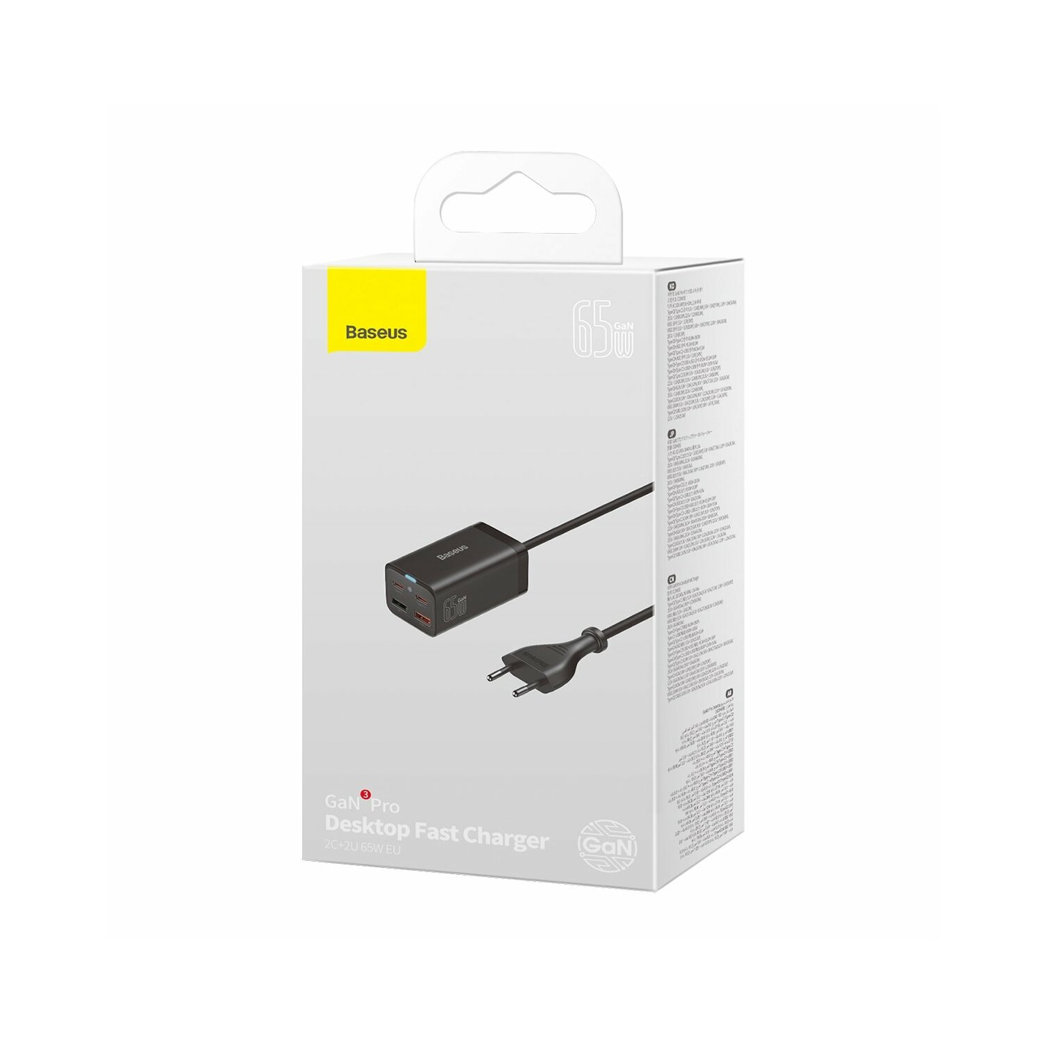 Un chargeur rapide de bureau Baseus GaN Pro blanc avec chargeur et câble noirs.