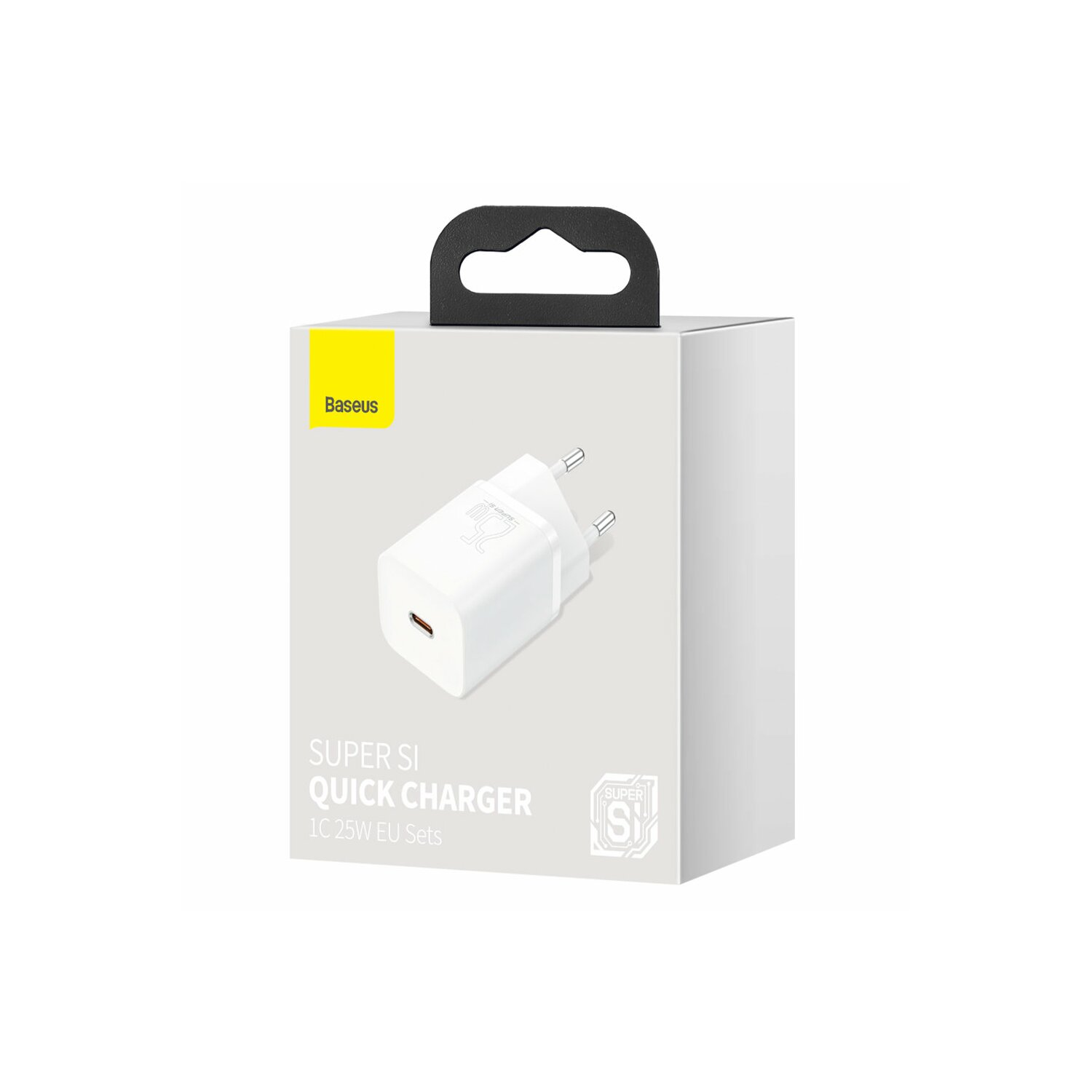 Biała szybka ładowarka Baseus w białym pudełku. Pokazuje ładowarkę i markę.
