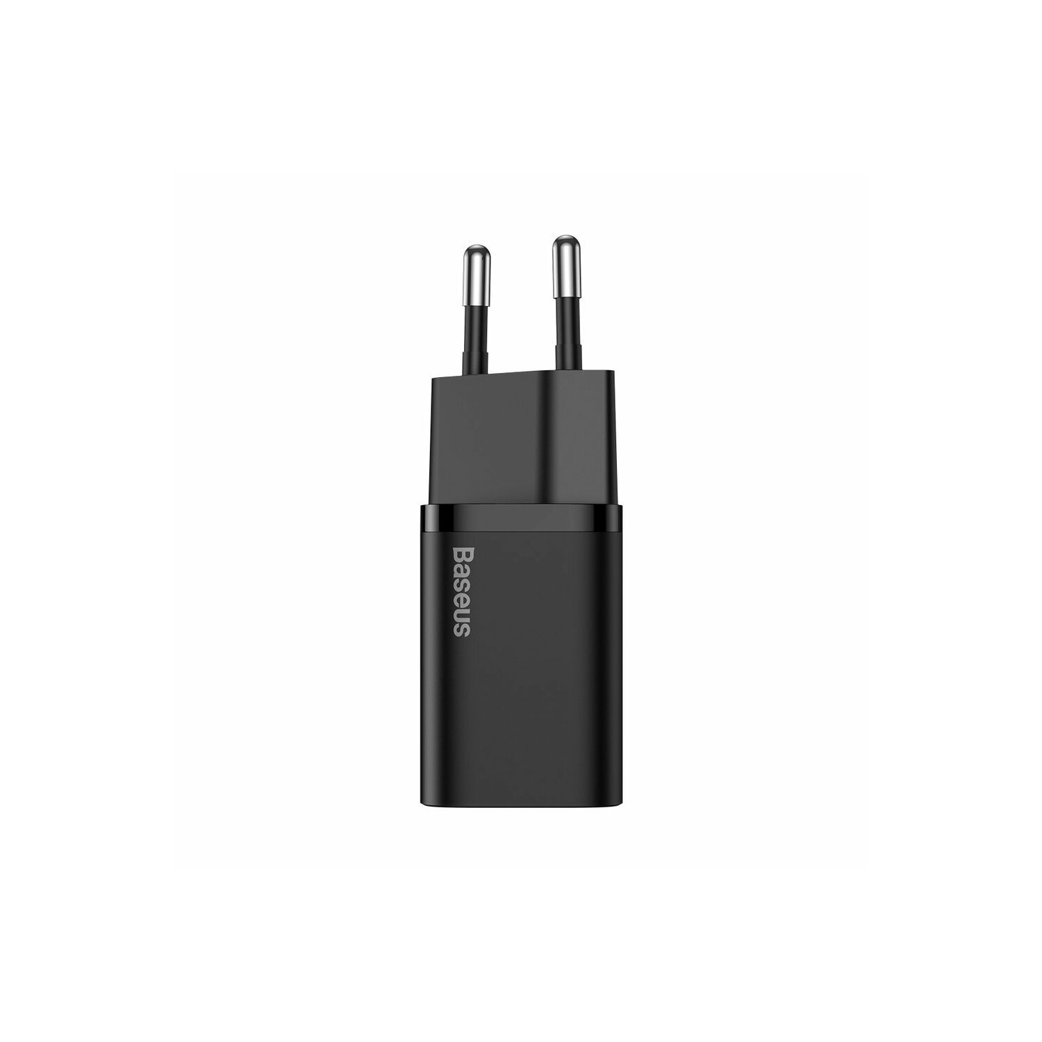 Ein schwarzes Baseus USB-Ladegerät mit zwei Stiften für die Steckdose und dem Markennamen auf der Vorderseite.
