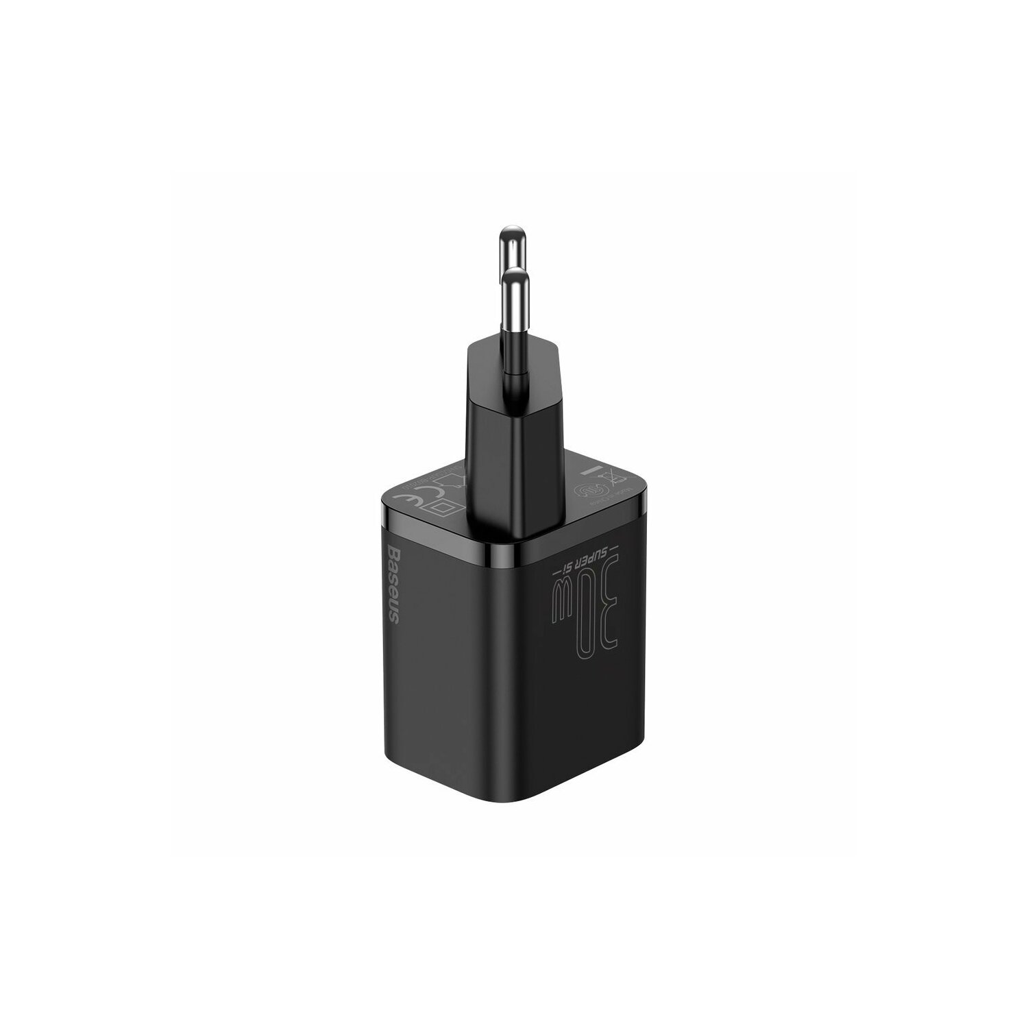 Schwarzes 30-W-Ladegerät mit Eurostecker.