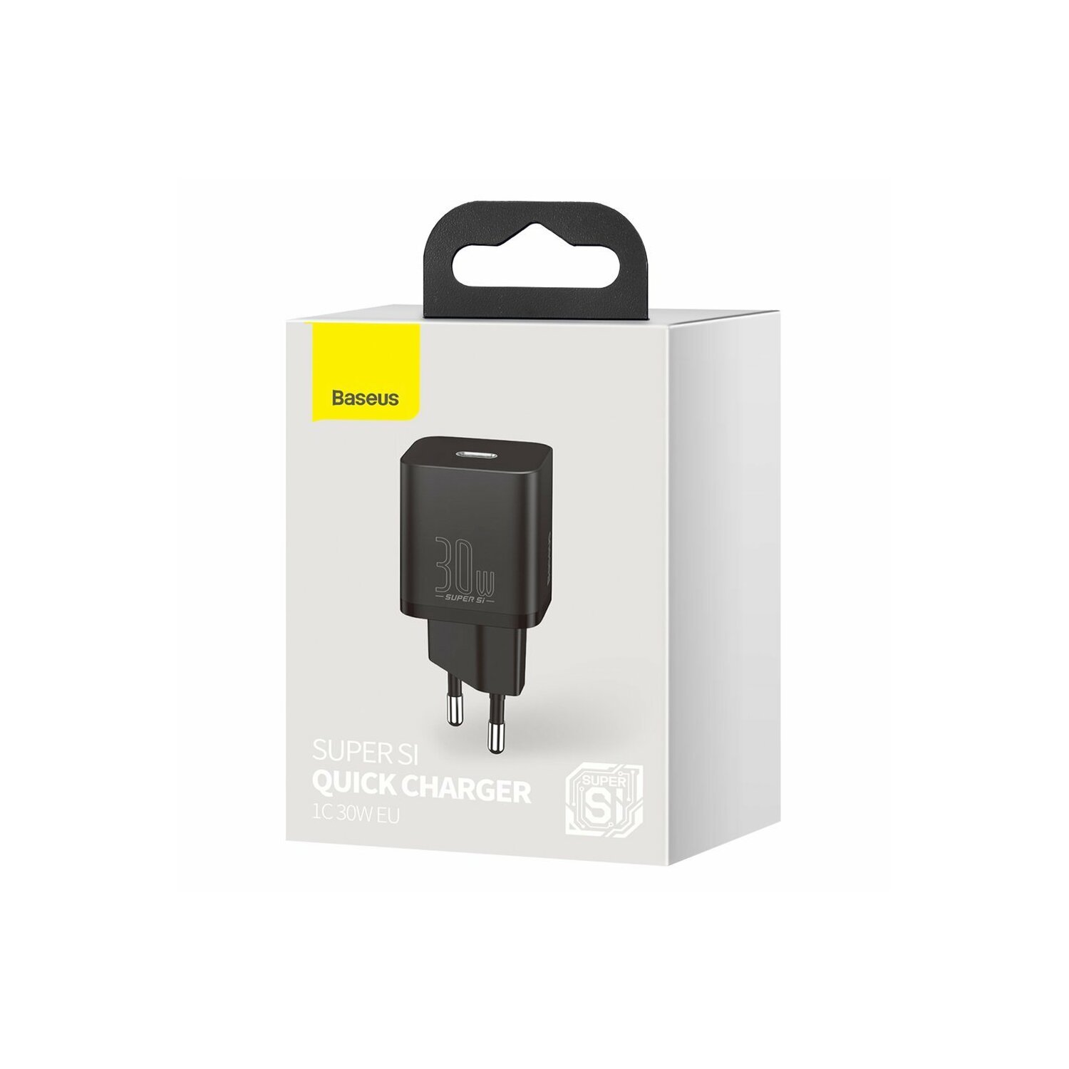 Ein schwarzes 30W-Ladegerät in einer weißen Box mit Griff wird angezeigt.