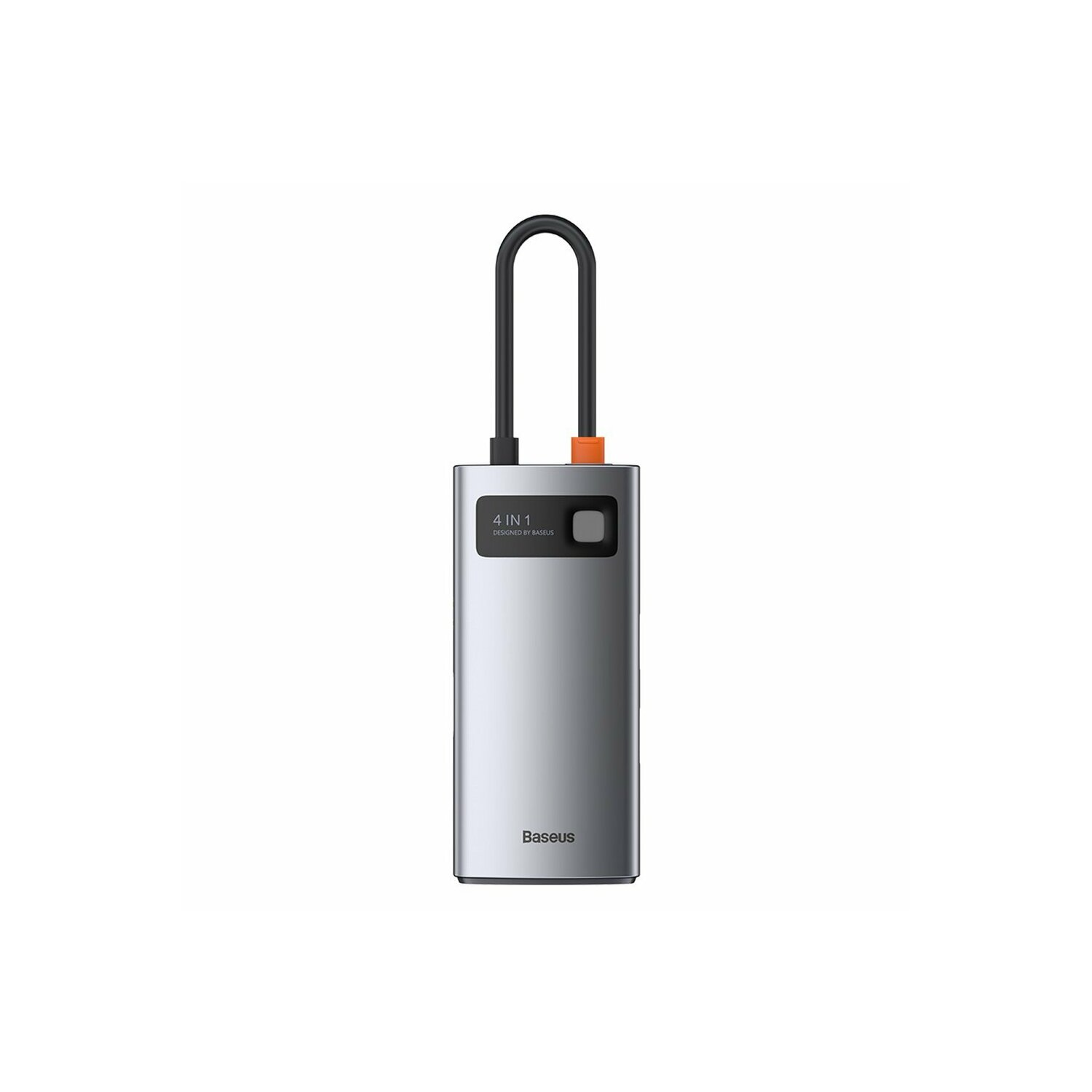 Hub Baseus 4 en 1 argenté avec boucle noire et détail orange. Il y a un bouton et le logo.