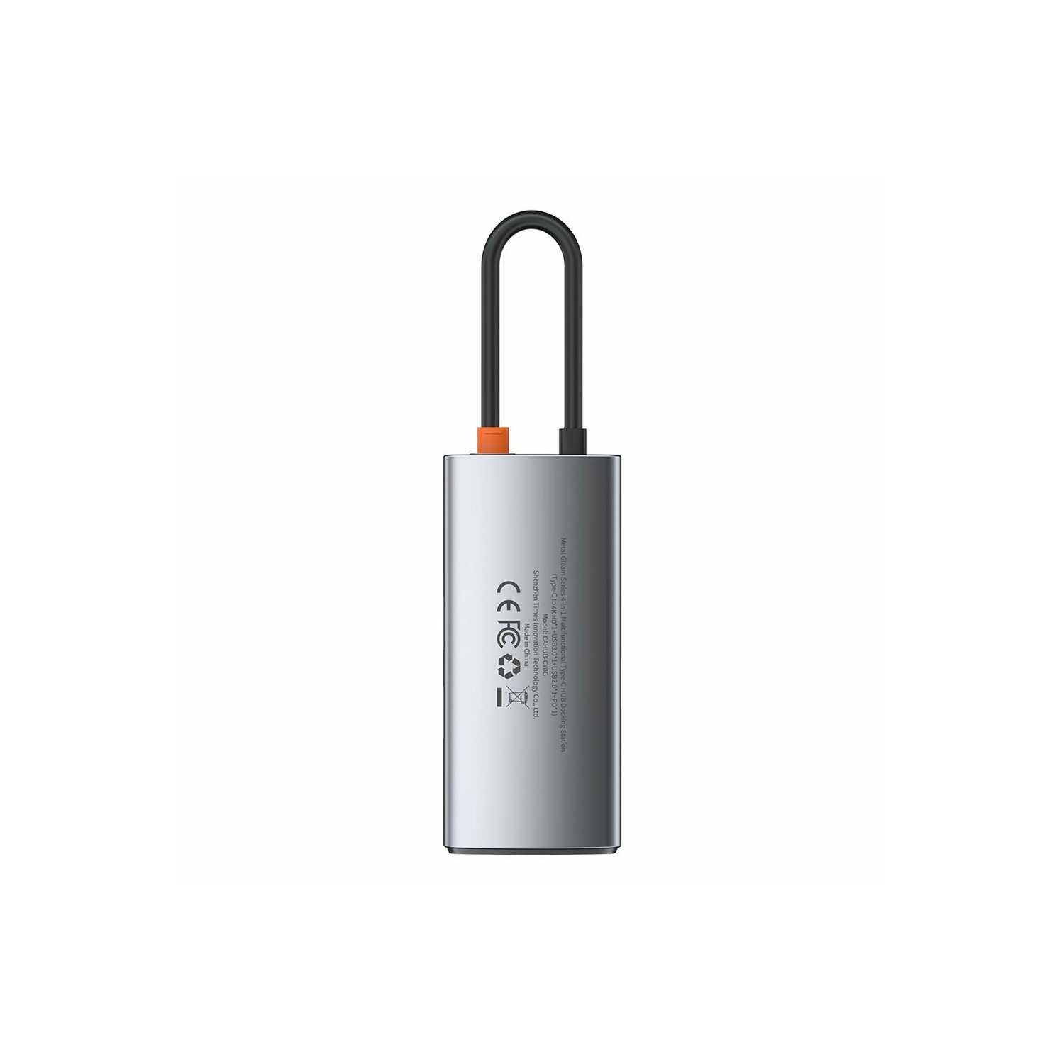 Adaptateur USB-C argenté avec accents noirs et oranges, câble noir.