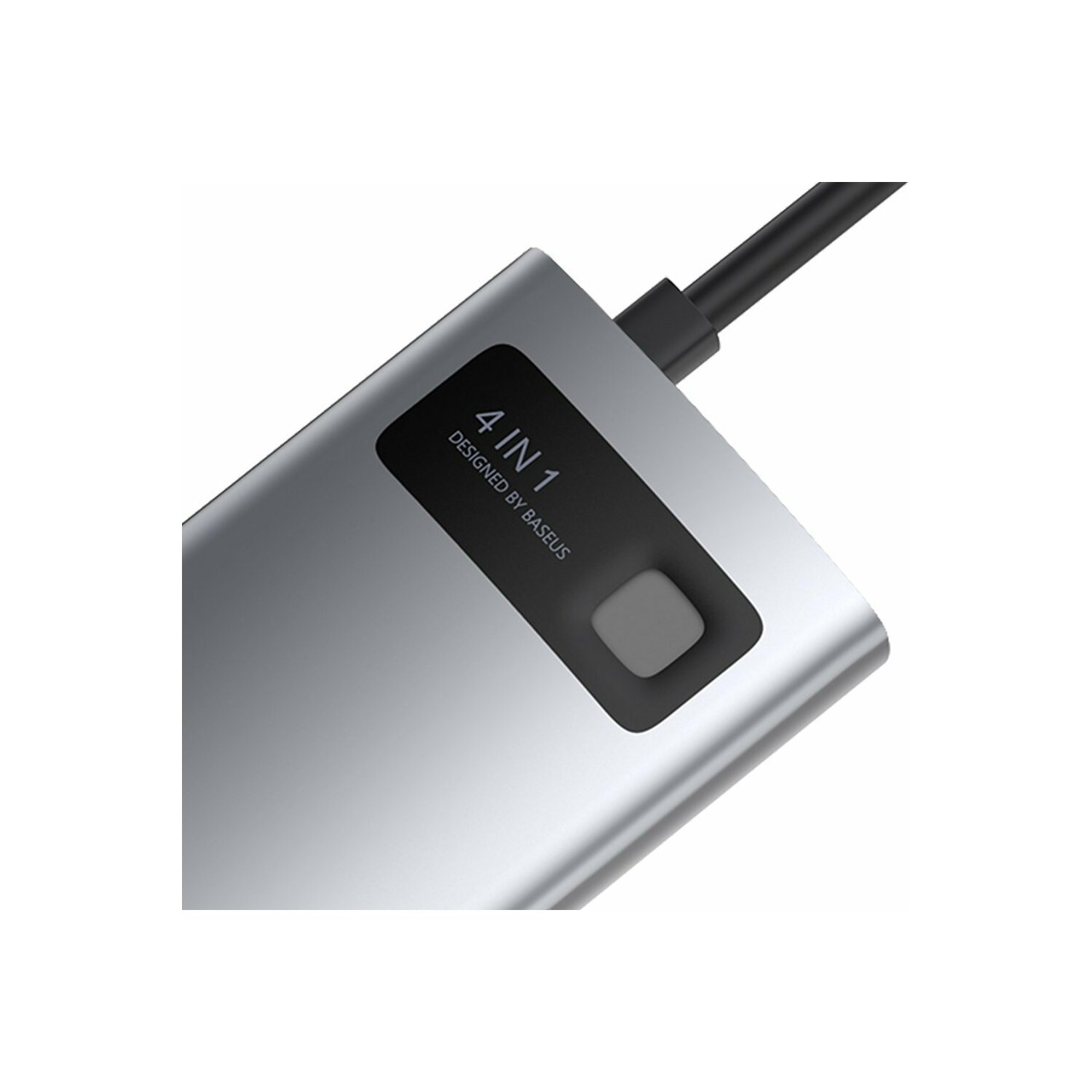 Hub USB 4 en 1 argenté avec un câble noir, avec le texte "4 IN 1 DESIGNED BY BASEUS".
