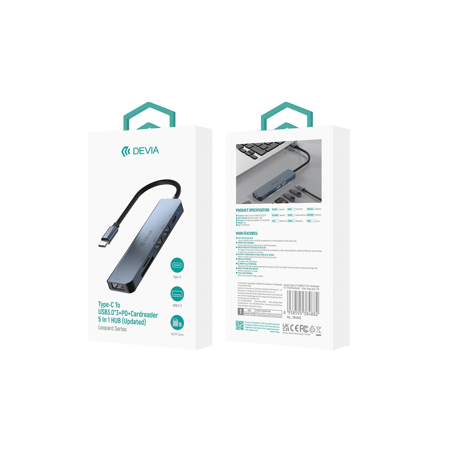 Produktverpackung für einen Typ-C-zu-USB-Hub mit Kartenleser, 5-in-1, mit Produktdetails.