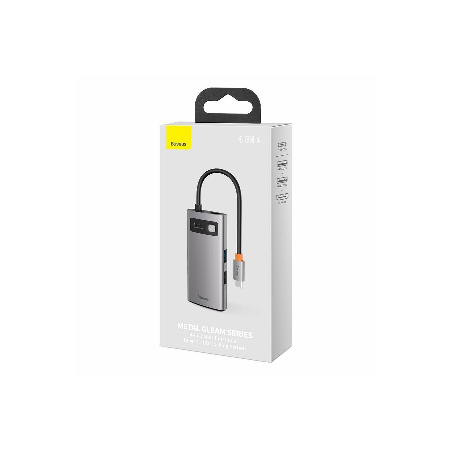 Une boîte avec un hub et un connecteur pour un ordinateur portable. La boîte est grise et blanche.