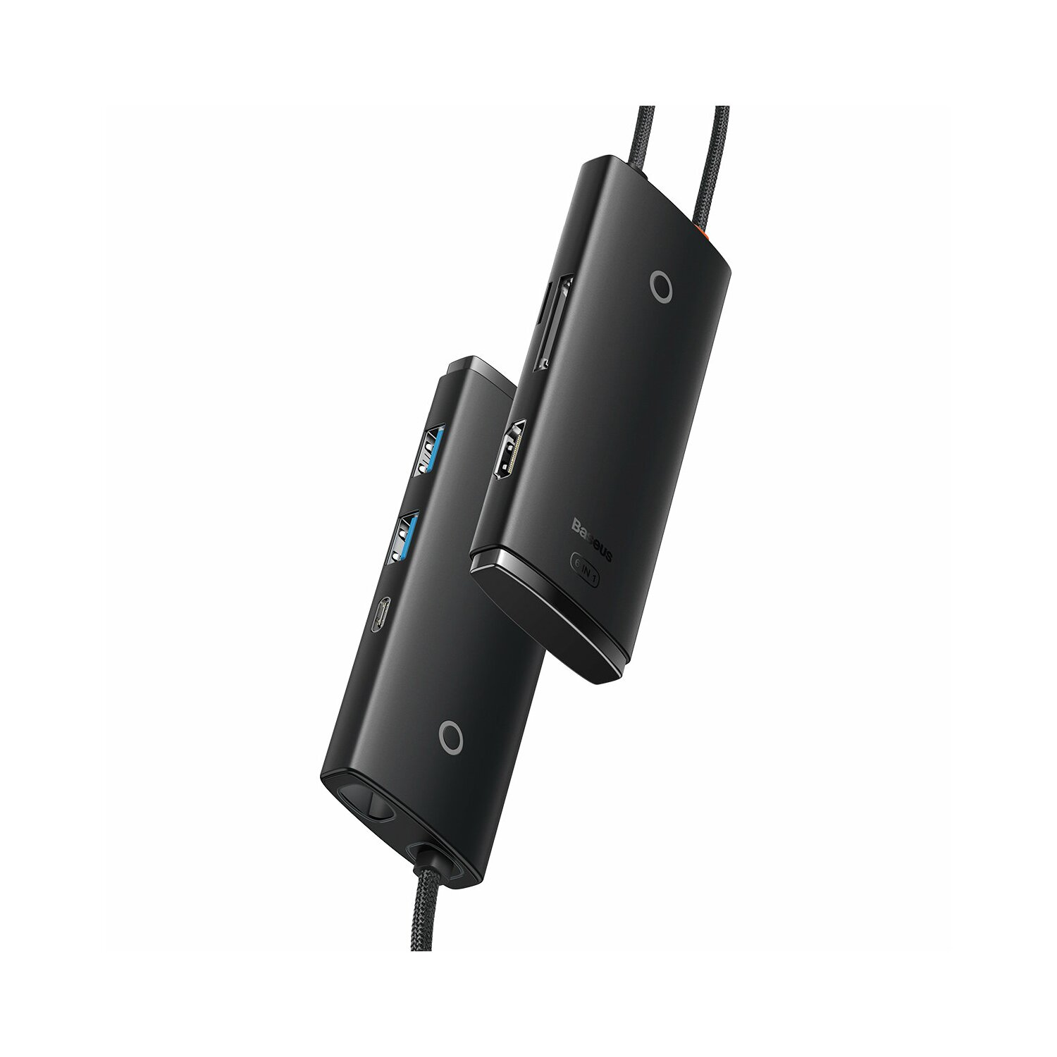 Dwa czarne adaptery wieloportowe z kilkoma portami na białym tle.