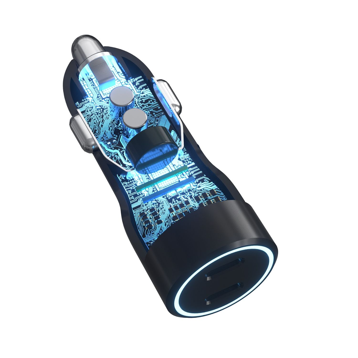 Schwarzes Autoladegerät mit blauen internen Komponenten. Weißer Hintergrund. Zwei USB-Anschlüsse sichtbar.