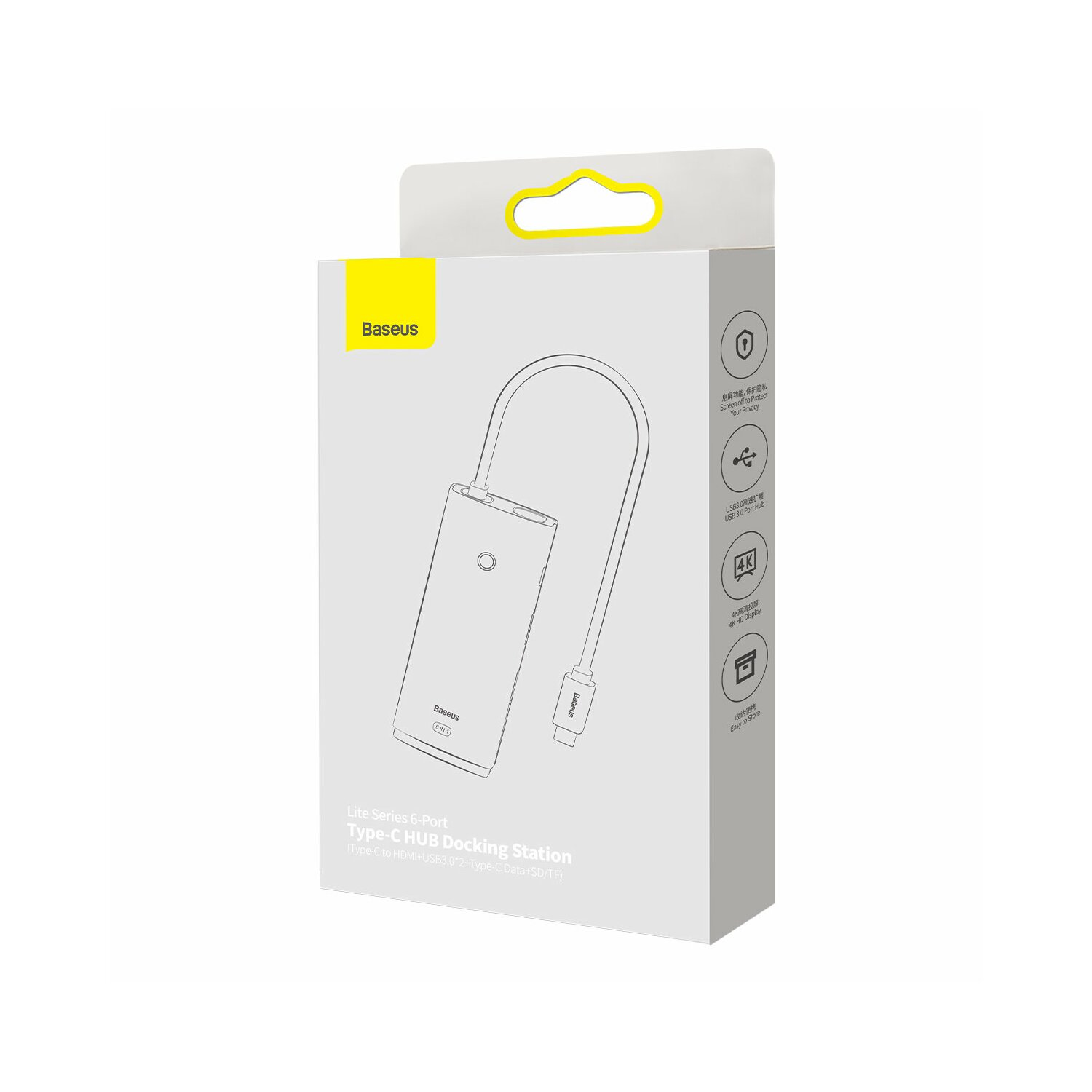 Pudełko stacji dokującej Baseus Type-C Hub, białe tło.