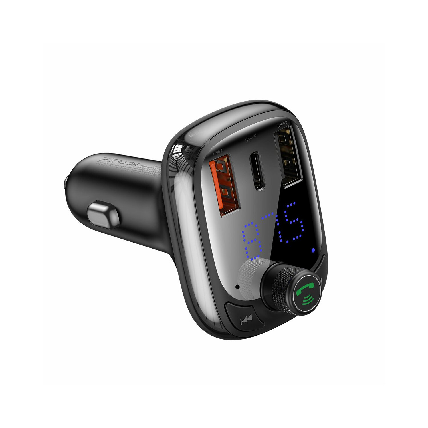 Czarna ładowarka samochodowa z portami USB i wyświetlaczem. Posiada przycisk połączenia.