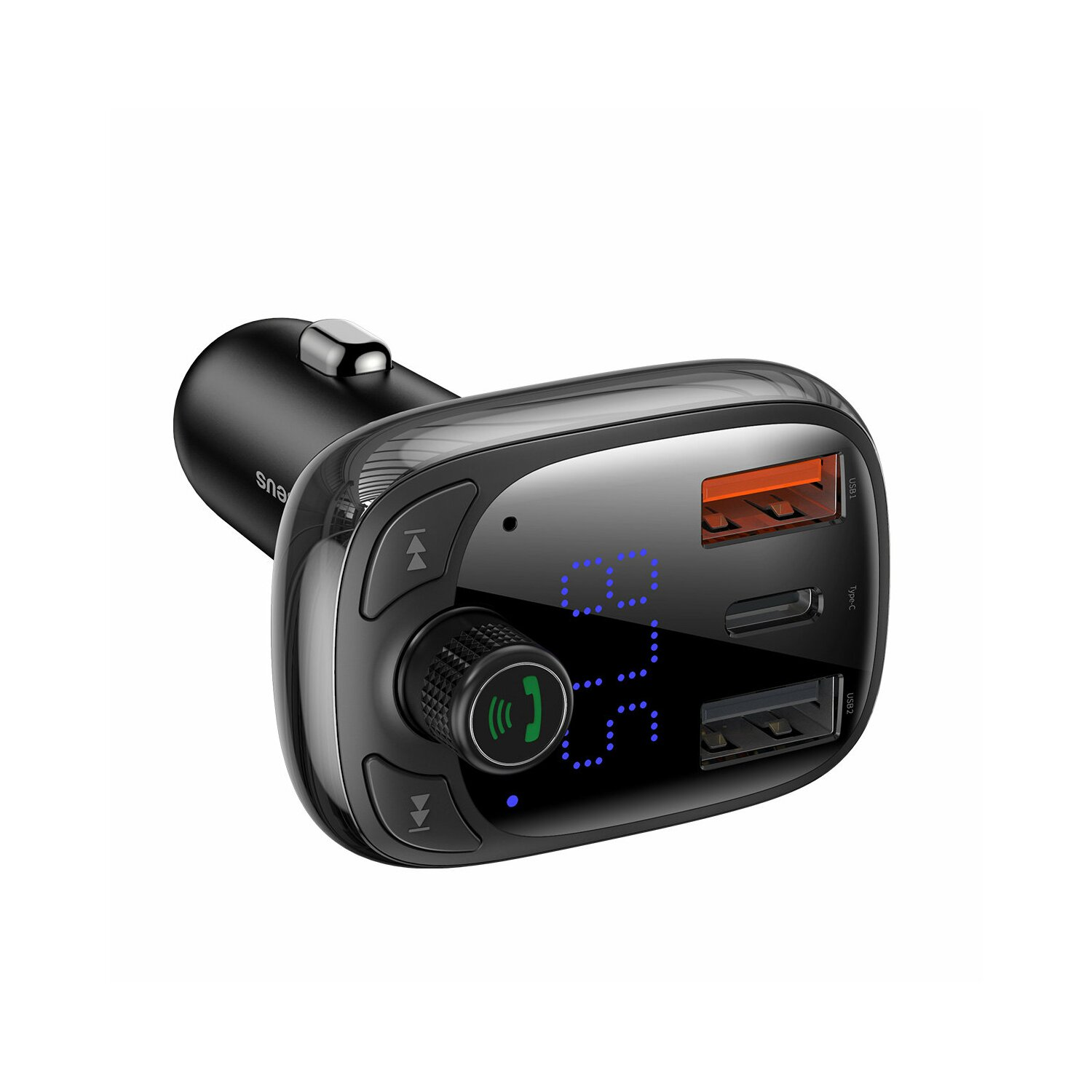 Czarny adapter samochodowy z wyświetlaczem i portami USB.