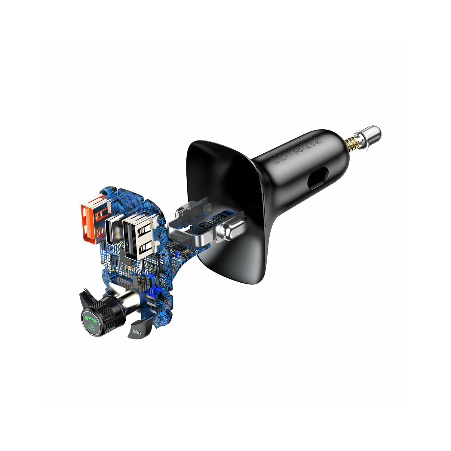 Ładowarka samochodowa pokazująca wewnętrzne komponenty. Widoczna niebieska płytka drukowana z częściami.