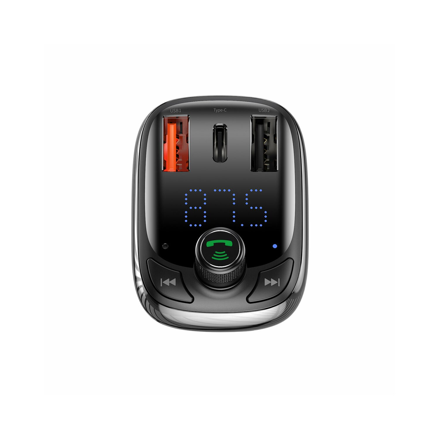 Czarna ładowarka samochodowa z pomarańczowymi portami USB i wyświetlaczem cyfrowym '87.5'.