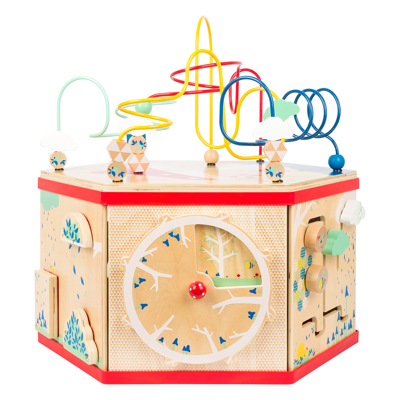 Ein vielseitiger Holzspielzeugwürfel mit Uhr, Perlenlabyrinth und anderen interaktiven Elementen für Kinder.