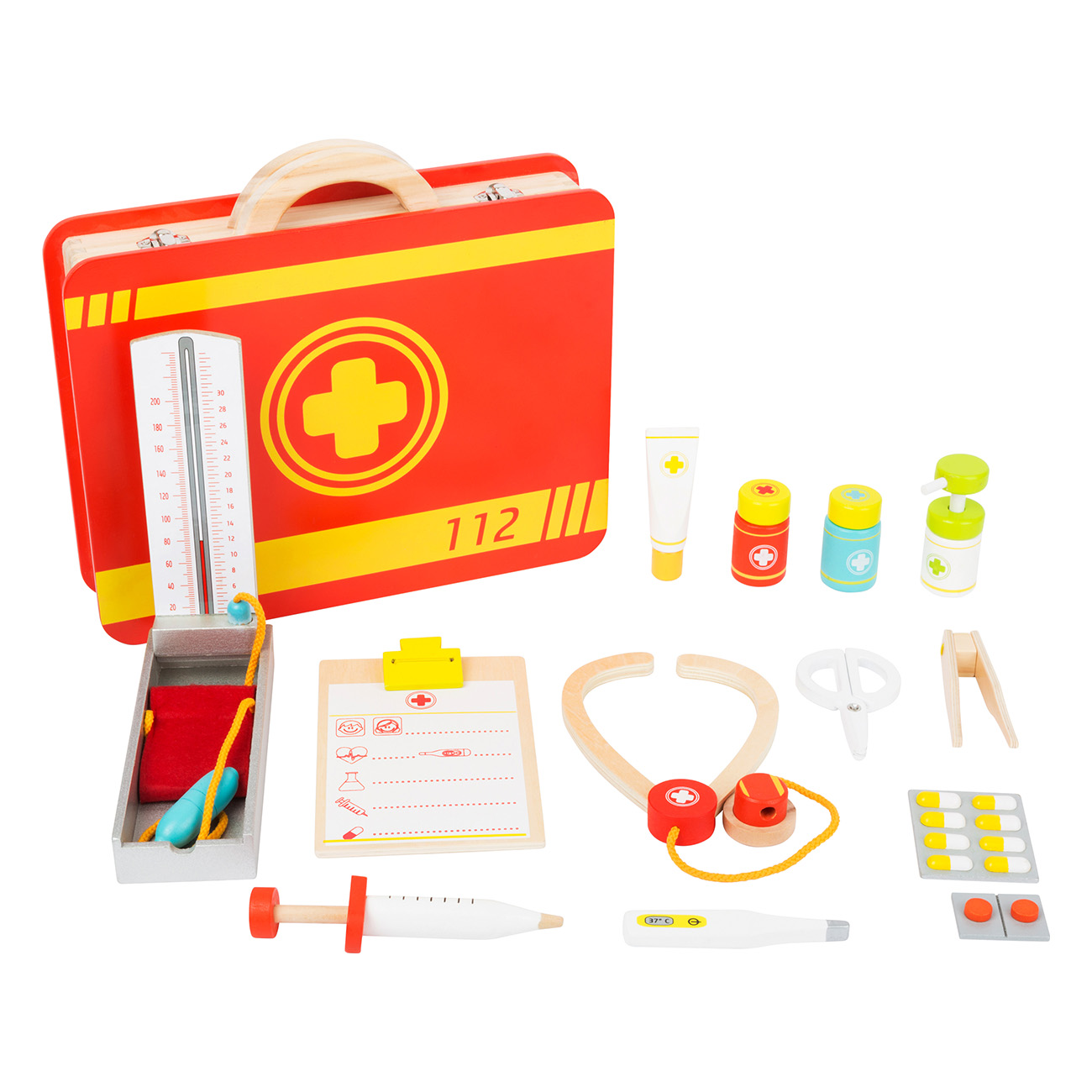 Rotes medizinisches Set mit medizinischen Werkzeugen: Stethoskop, Thermometer, Spritze, etc.