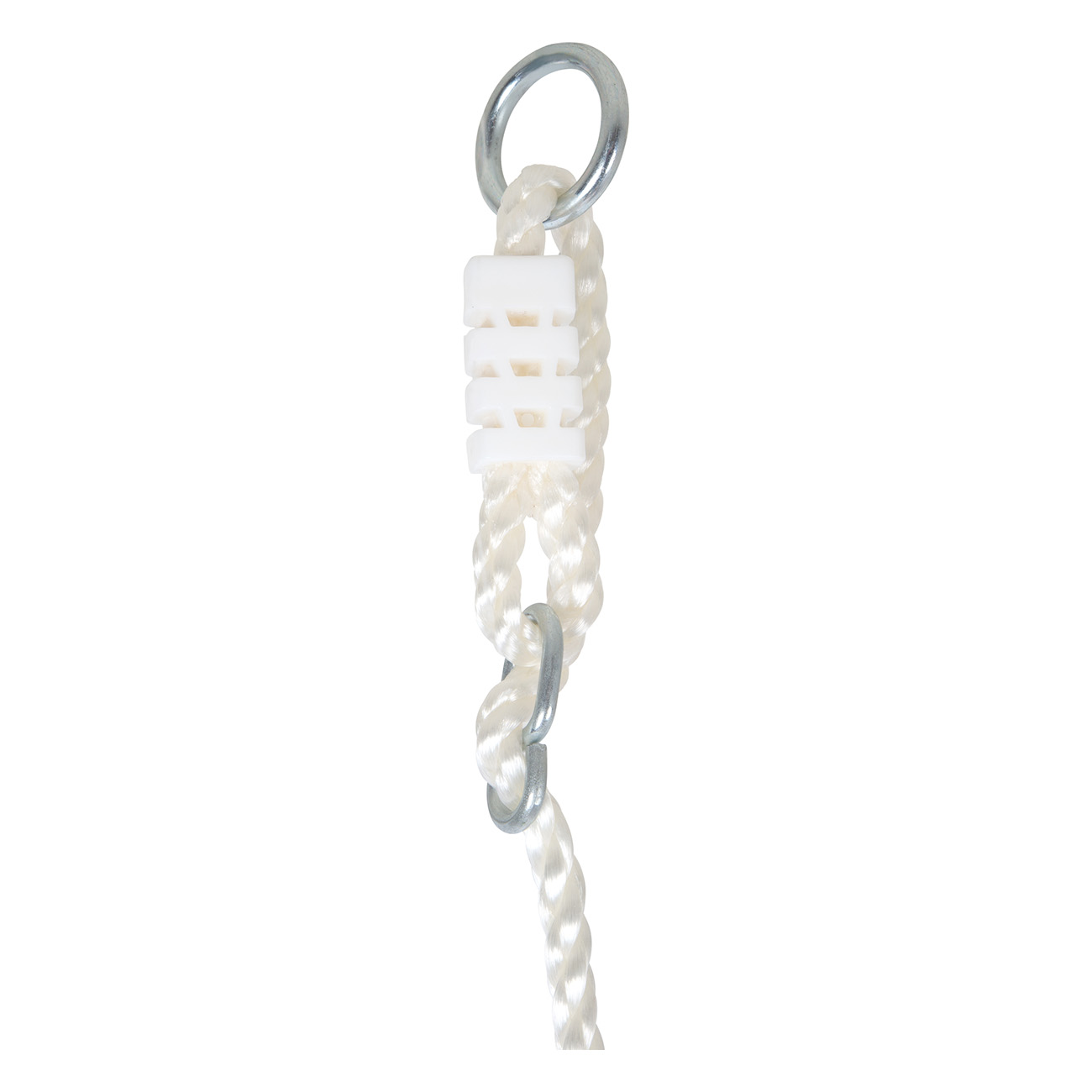 Altalena in corda bianca e argento, con sfondo bianco. Anelli e corda visibili.