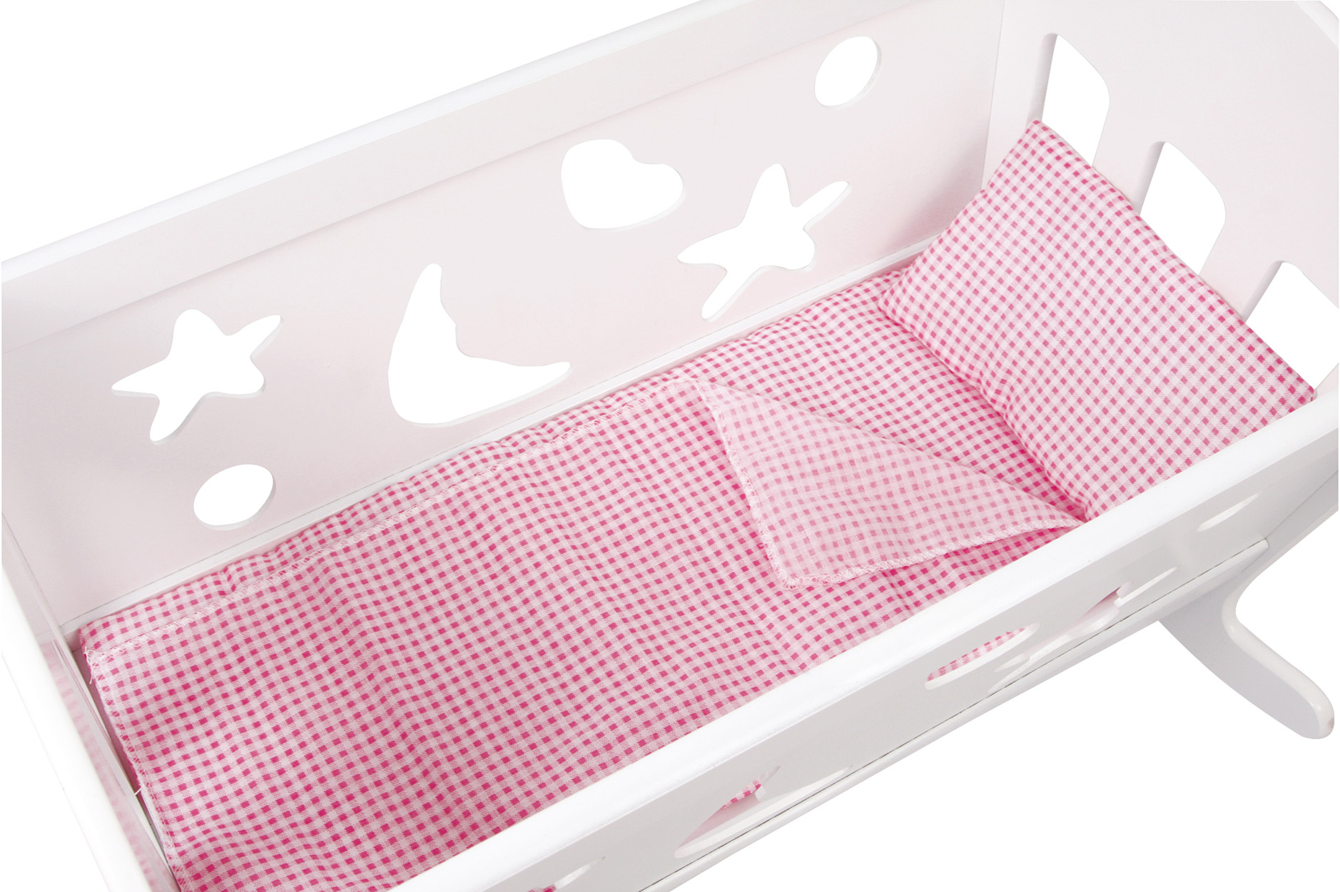 Weißes Kinderbett mit rosa und weiß karierter Bettwäsche. Ausgeschnittene Formen an den Seiten.