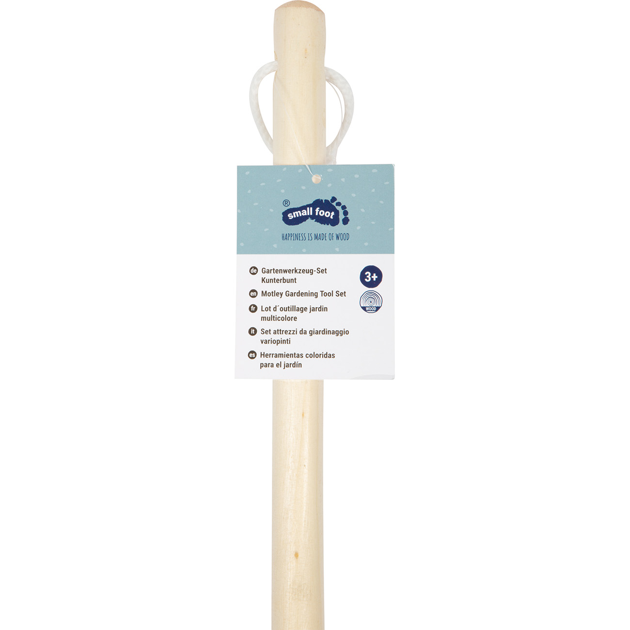 Manico in legno con cordino bianco e etichetta 'Motley Gardening Tool Set'.