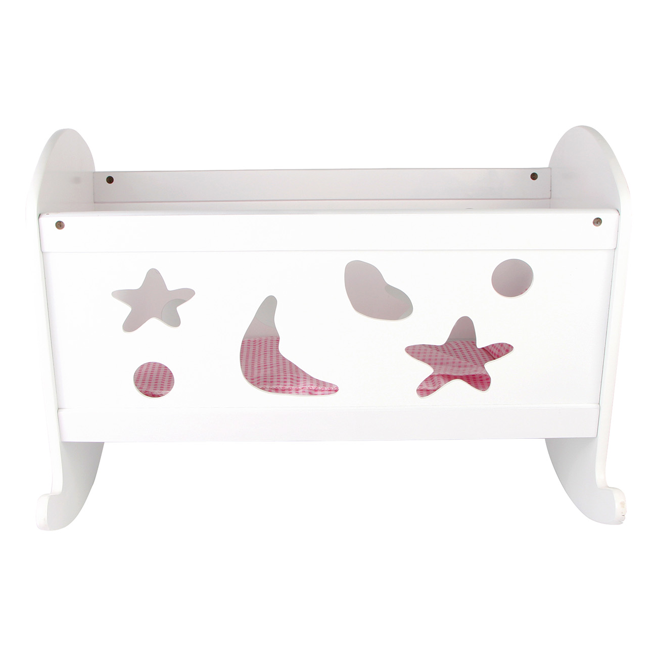 Eine weiße Babywiege aus Holz mit Stern-, Mond- und Kreisausschnitten und einem rosa gemusterten Innenraum.