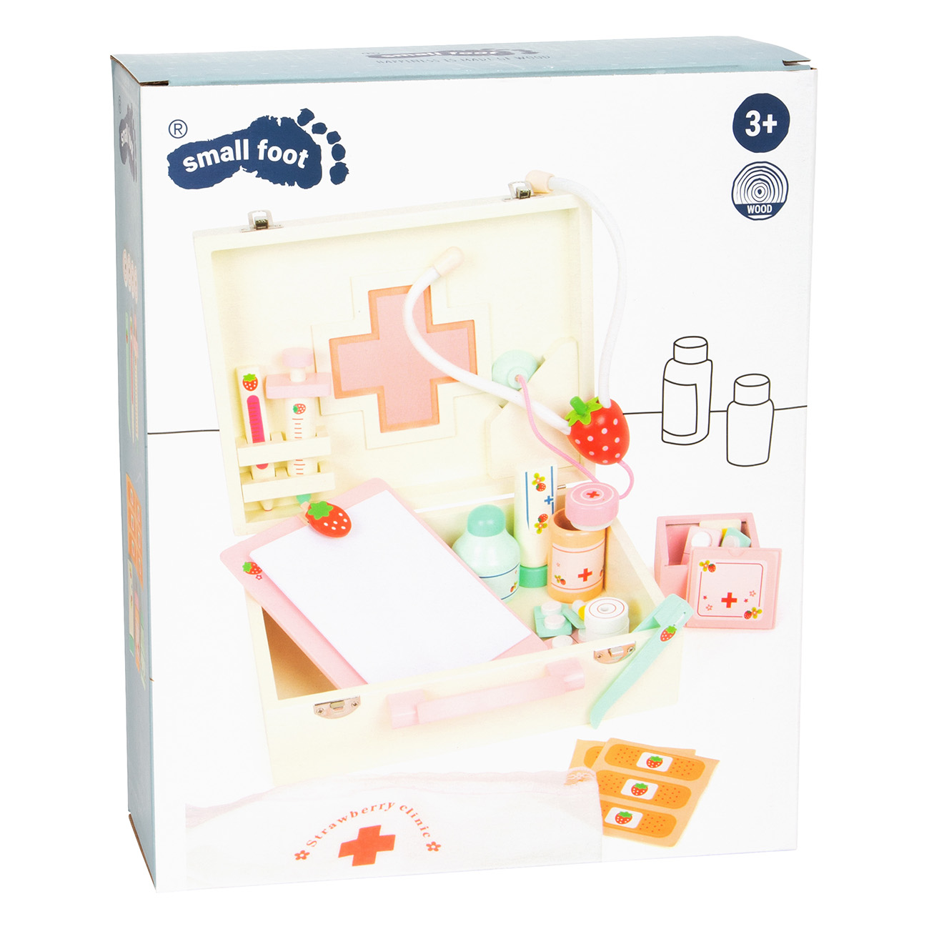 Ein hölzernes Spielzeug-Arztset mit Zubehör, präsentiert in einer offenen Box mit einem rosa Kreuz.