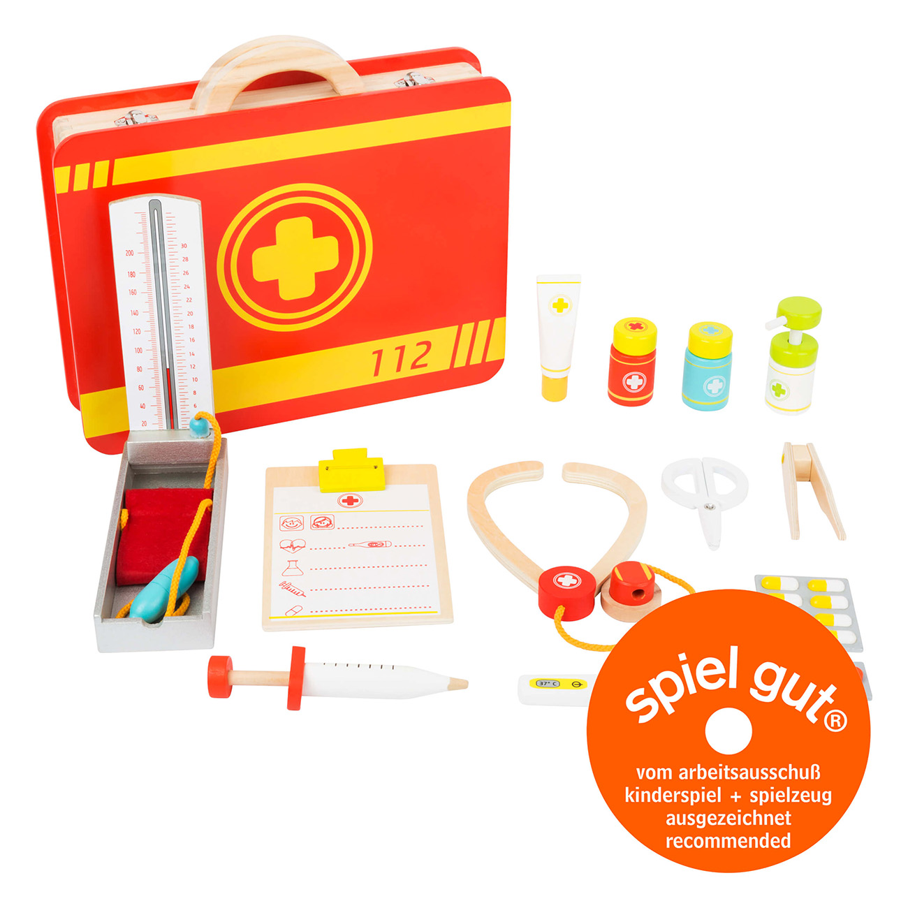 Medizinisches Set aus Holz mit verschiedenen Spielzeug-Medizinprodukten. Rotes Kreuz sichtbar.