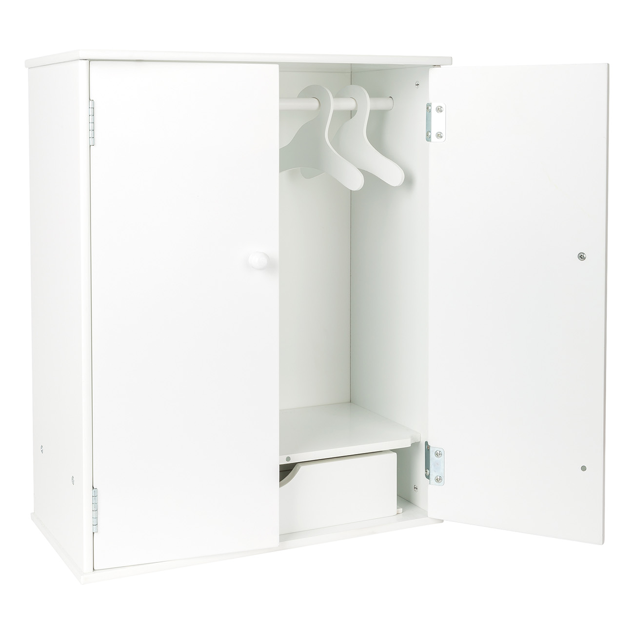 Ein weißer Kleiderschrank mit offenen Türen. Innen eine Stange mit Kleiderbügeln und eine kleine Schublade.