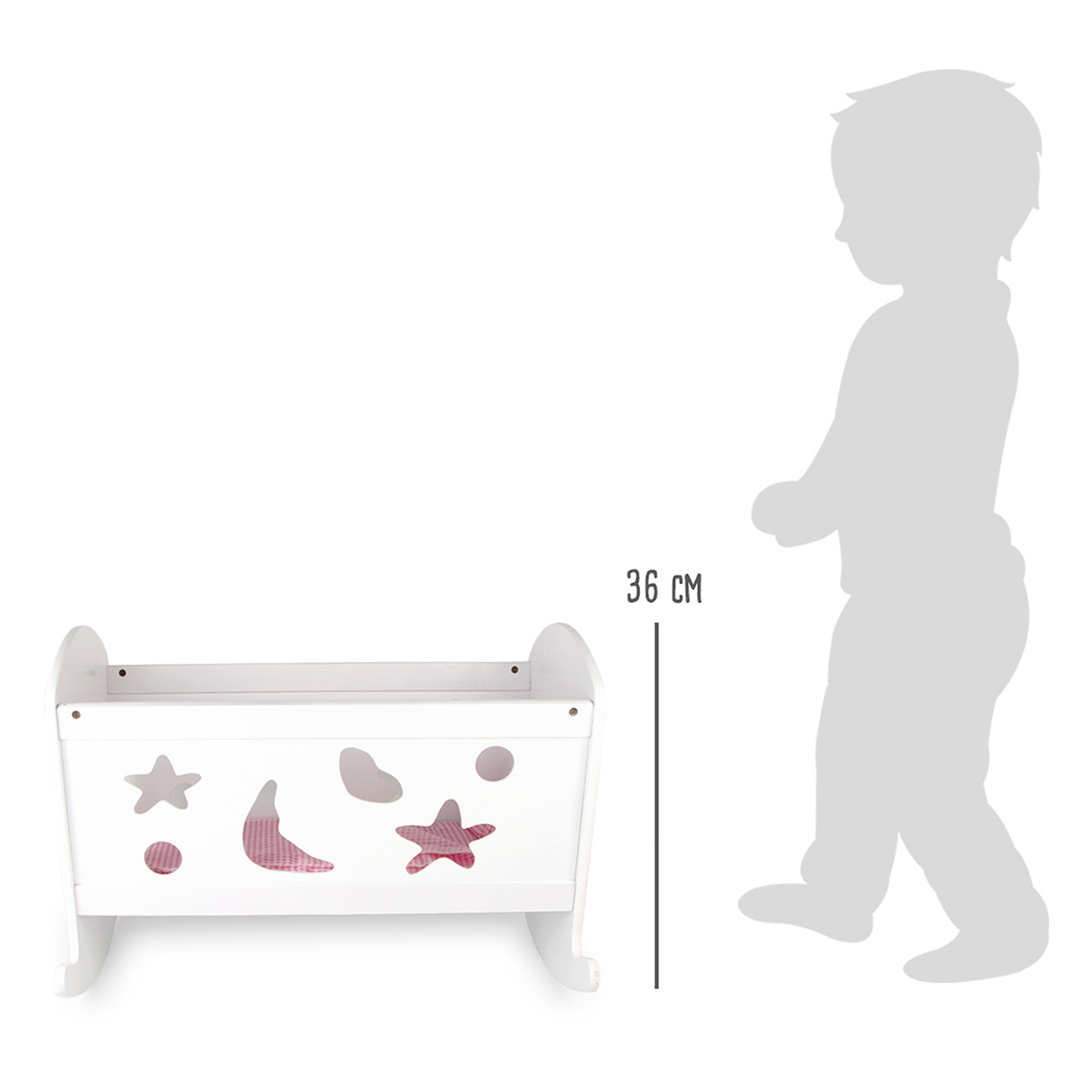 Eine weiße Puppenwiege mit Sternen, eine Silhouette eines Kindes daneben.