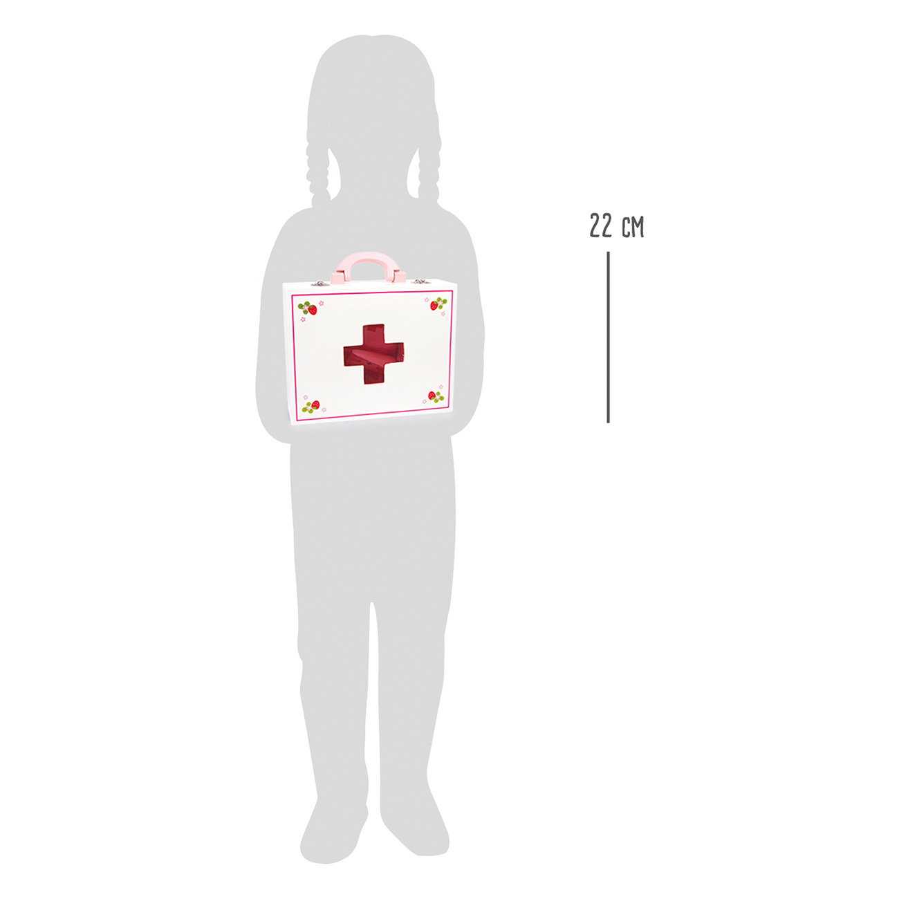 Kindersilhouette, die einen Spielzeug-Erste-Hilfe-Kasten mit rotem Kreuz hält, vor weißem Hintergrund.