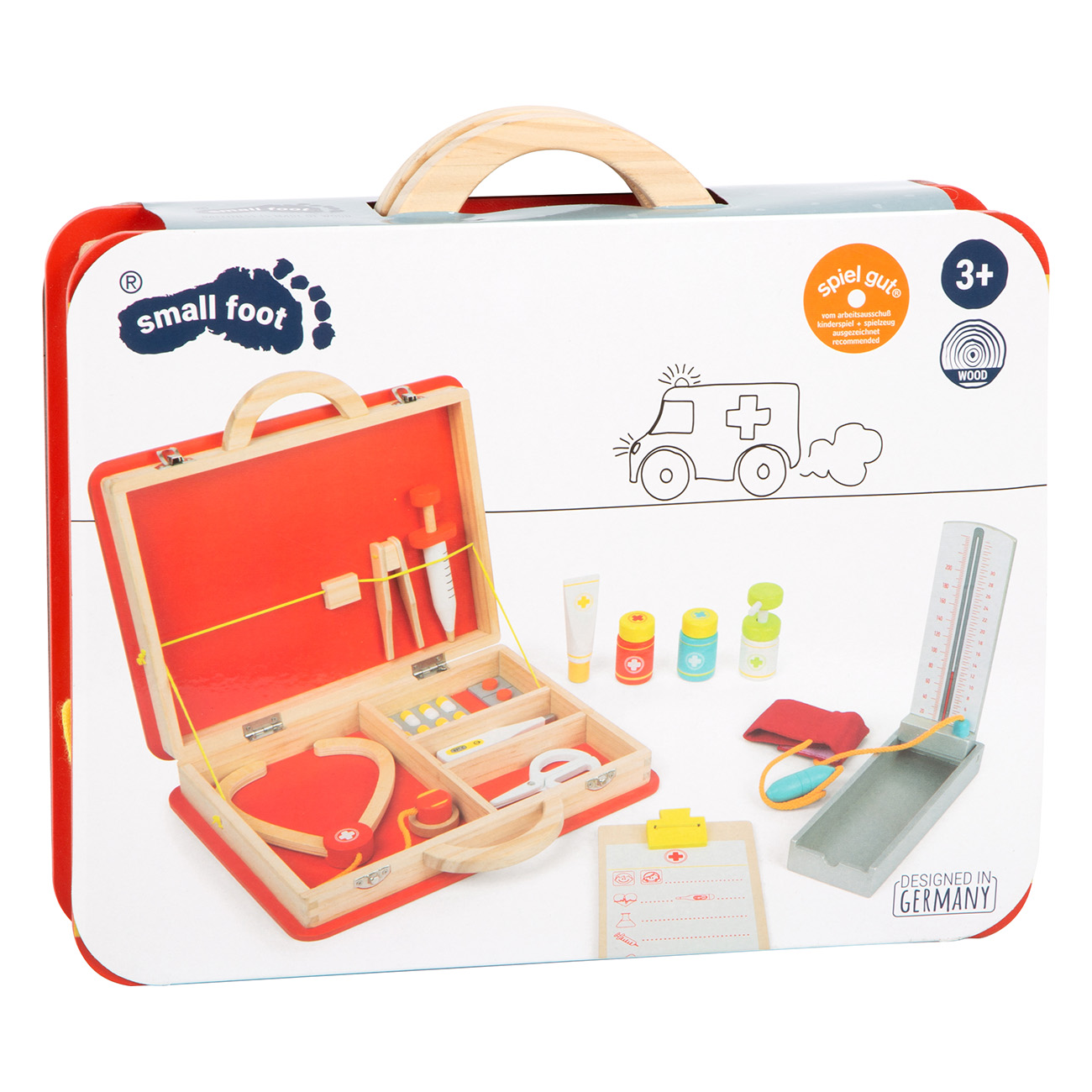 Eine rote und hölzerne medizinische Kit-Box mit medizinischen Werkzeugen und Zubehör im Inneren. Das 'Small Foot' Logo ist sichtbar.