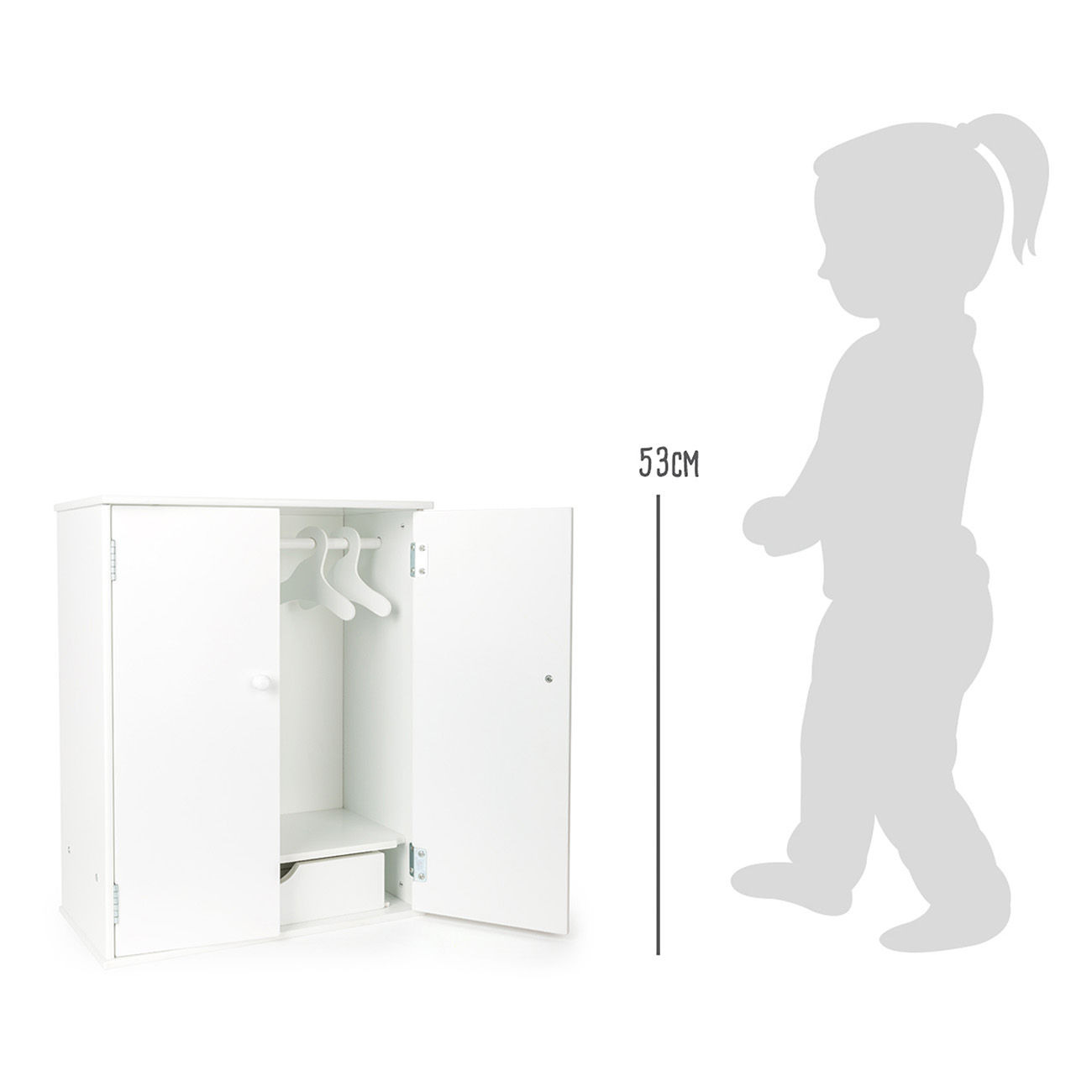 Weißer Kinderkleiderschrank mit offenen Türen. Eine Kindsilhouette steht daneben. 53cm Messung.