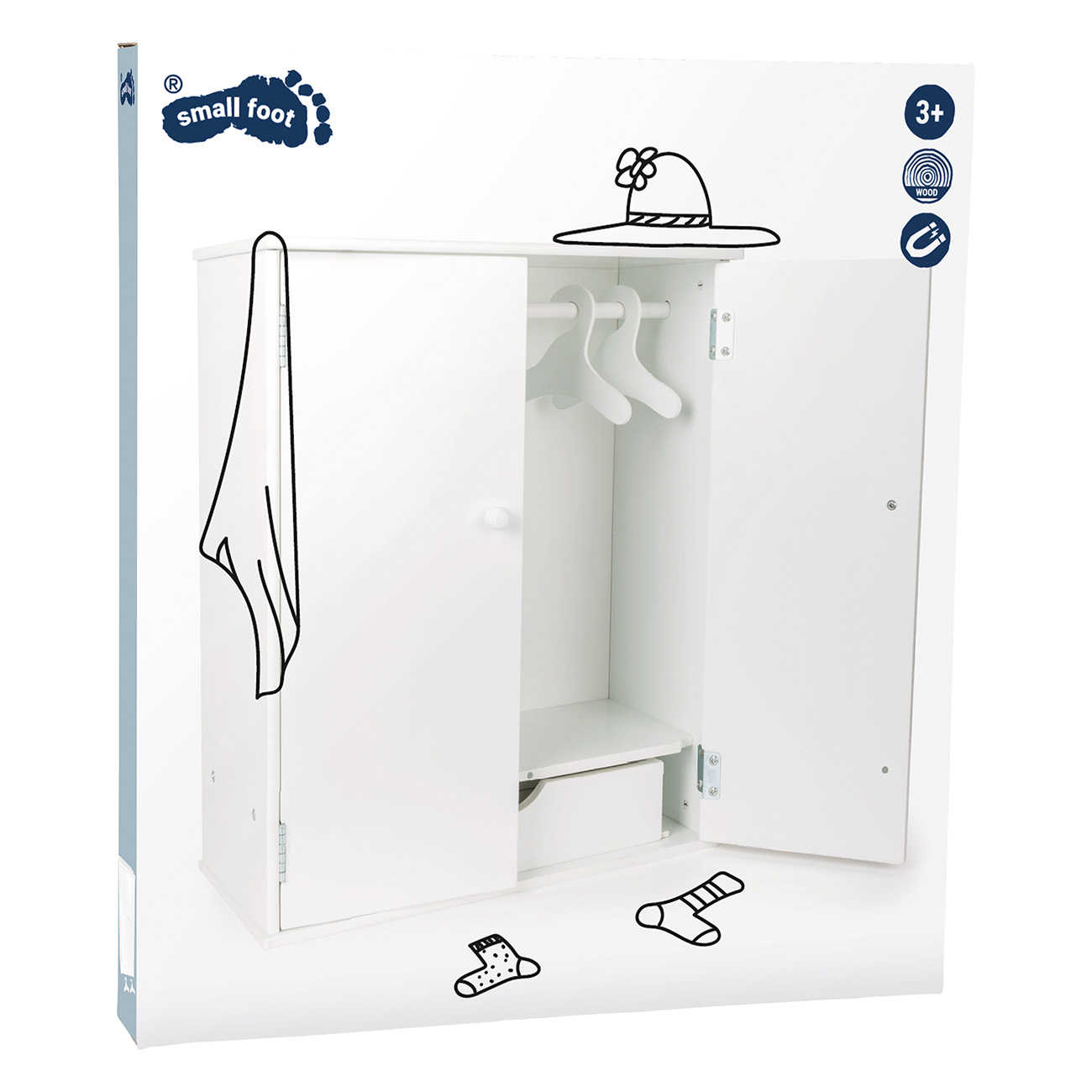 Weißer Holzspielzeugschrank mit offenen Türen. Gezeichneter Hut, Socken und ein Handtuch.