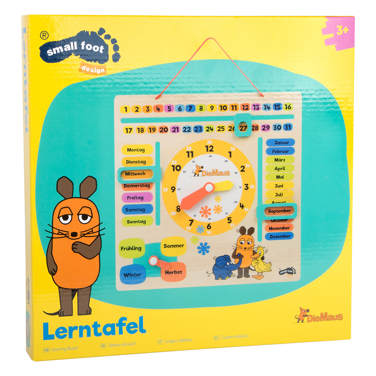 Una lavagna didattica in legno per bambini con orologio, calendario e topo dei cartoni animati.