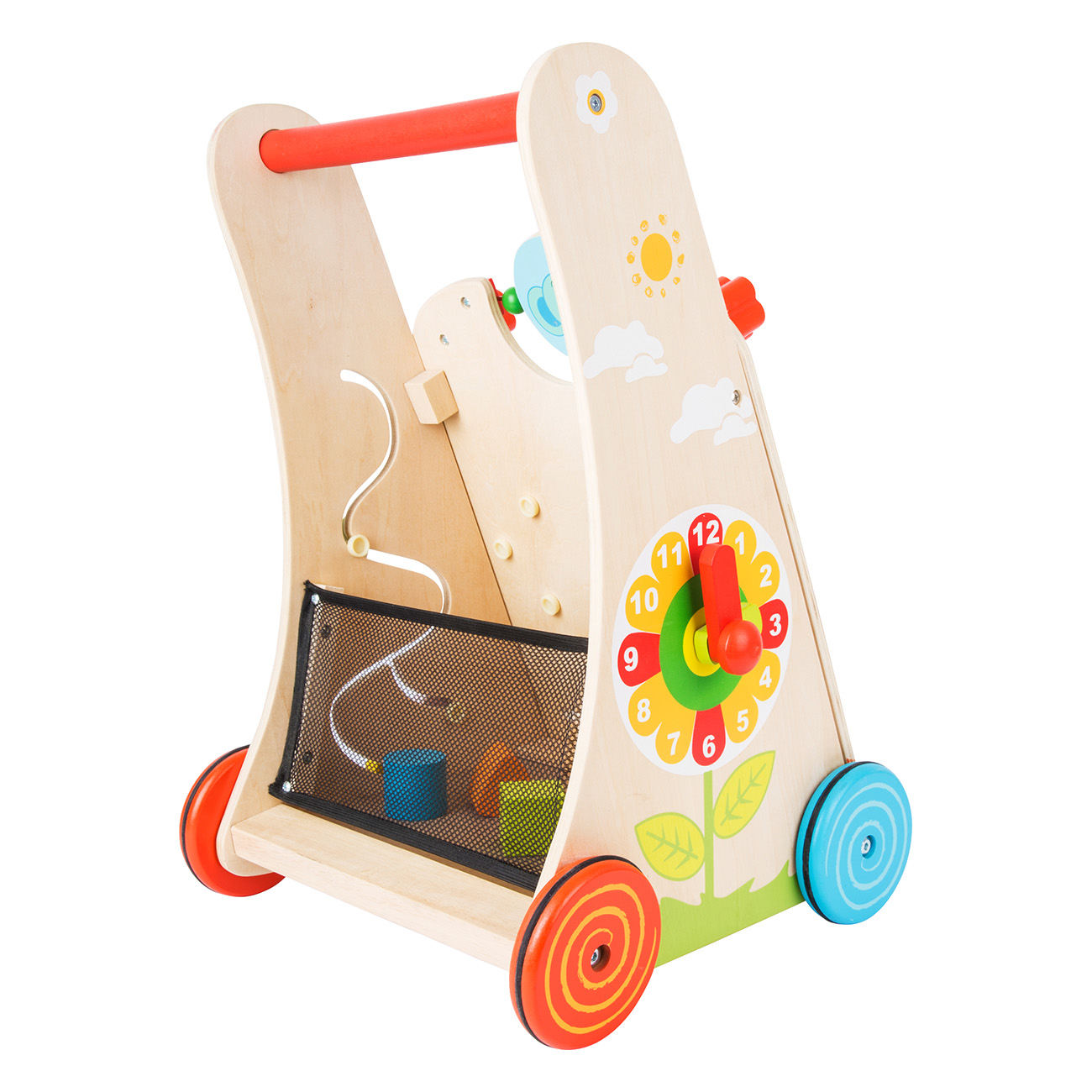 Lauflernwagen aus Holz mit Rädern, einer Uhr und anderem Spielzeug.