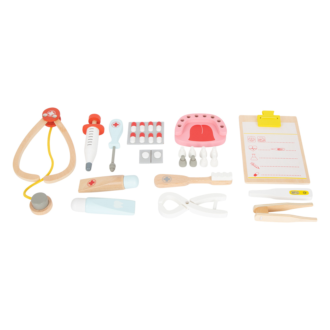 Spielzeug-Doktor-Set mit Stethoskop, Spritze, Zahnmodell, Thermometer und anderen medizinischen Werkzeugen.