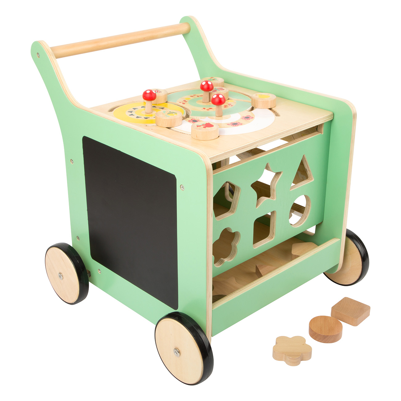 Holz-Lauflernwagen mit Formen, Rädern und einer Tafel.