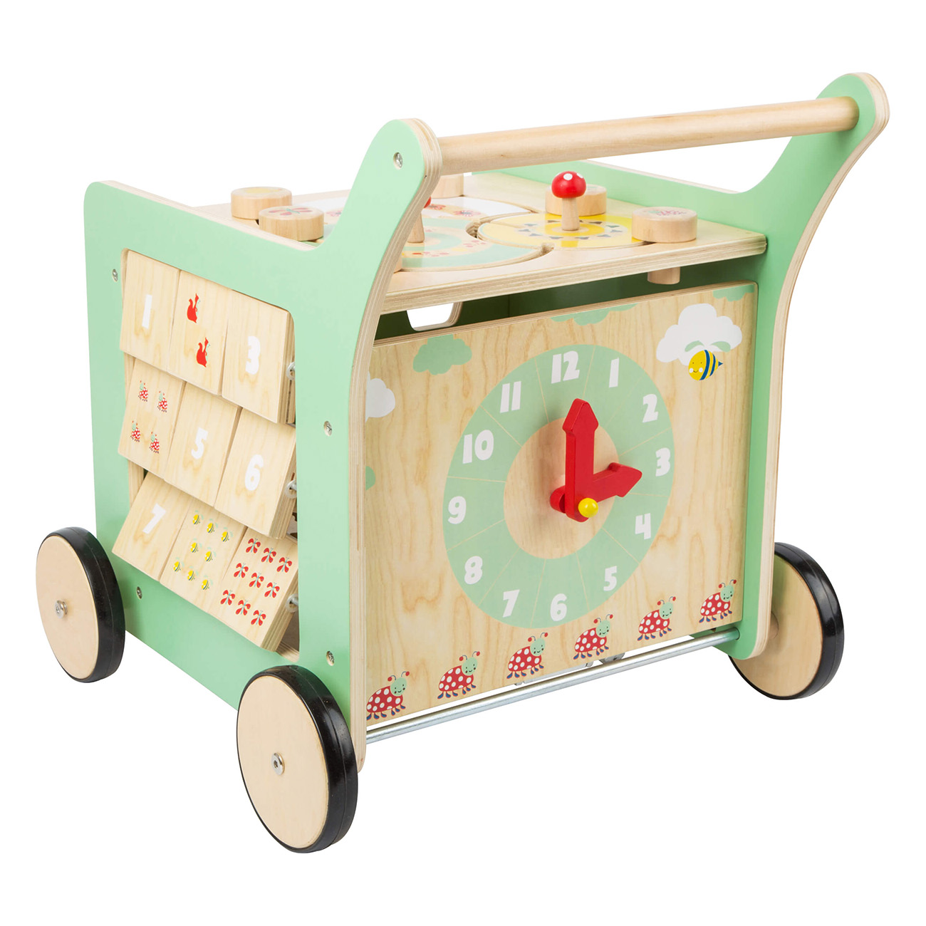 Hölzerner Baby-Lauflernwagen mit verschiedenen Aktivitäten: Uhr, Blöcke und Griff.
