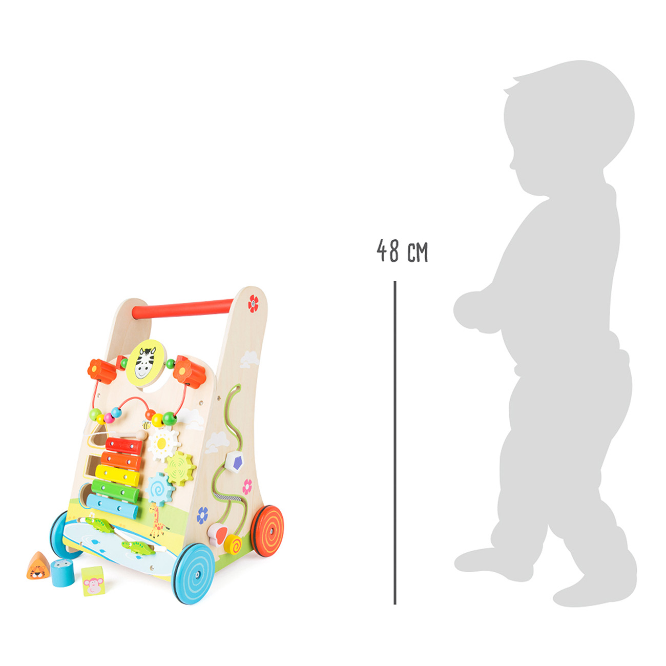 Ein hölzerner Baby-Lauflernwagen mit bunten Spielzeugen. Eine Silhouette eines Kindes daneben.