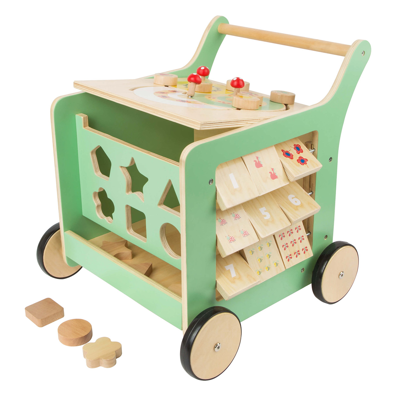 Ein hölzerner Baby-Lauflernwagen mit Formsortierern, Blöcken und einem Griff. Er hat grüne Seiten und Holzräder.