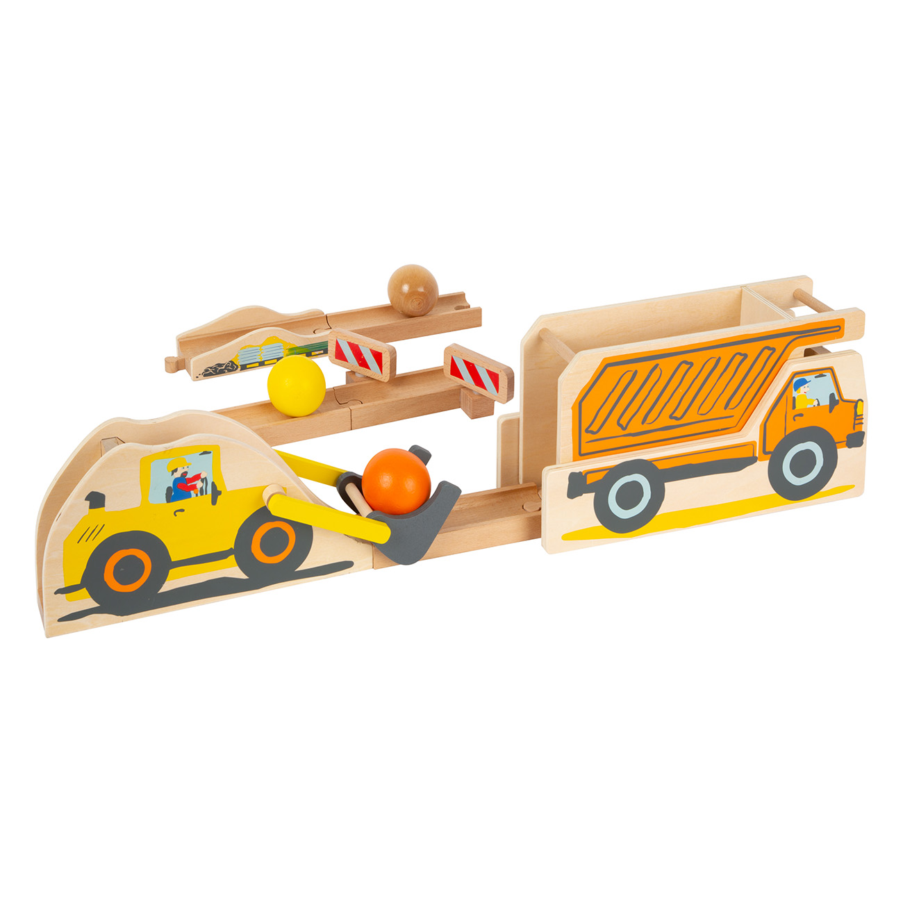 Hölzerne Spielzeug-Baustelle. Enthält gelben Bagger, orangefarbene Kugel, gelben LKW und hölzerne Straßensperren.