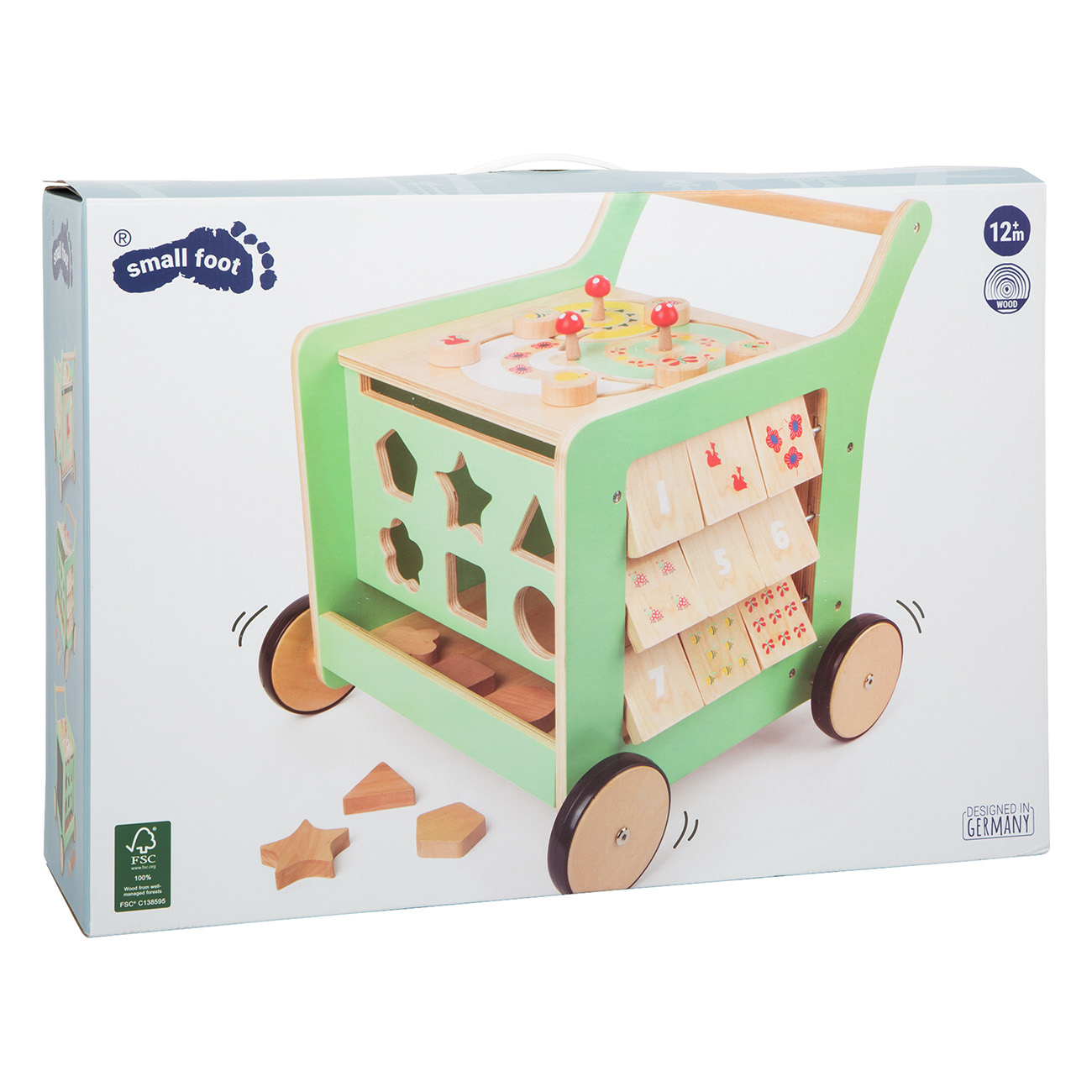 Holzspielzeugwagen mit Blöcken, Zahlen und Formen; grünes und weißes Design.
