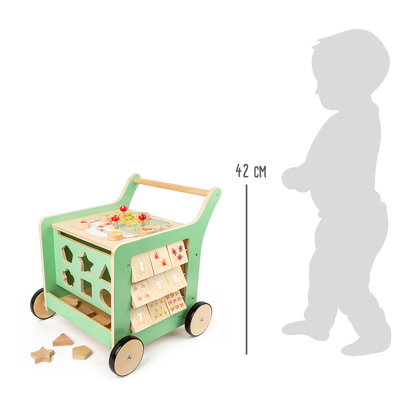 Ein grüner und hölzerner Baby-Walker mit Blöcken und einer Kindersilhouette.
