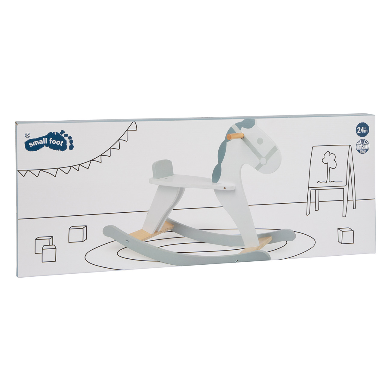 Weißes und graues Holzschaukelpferd in einer Box, mit Zeichnungen und dem Small Foot Logo.