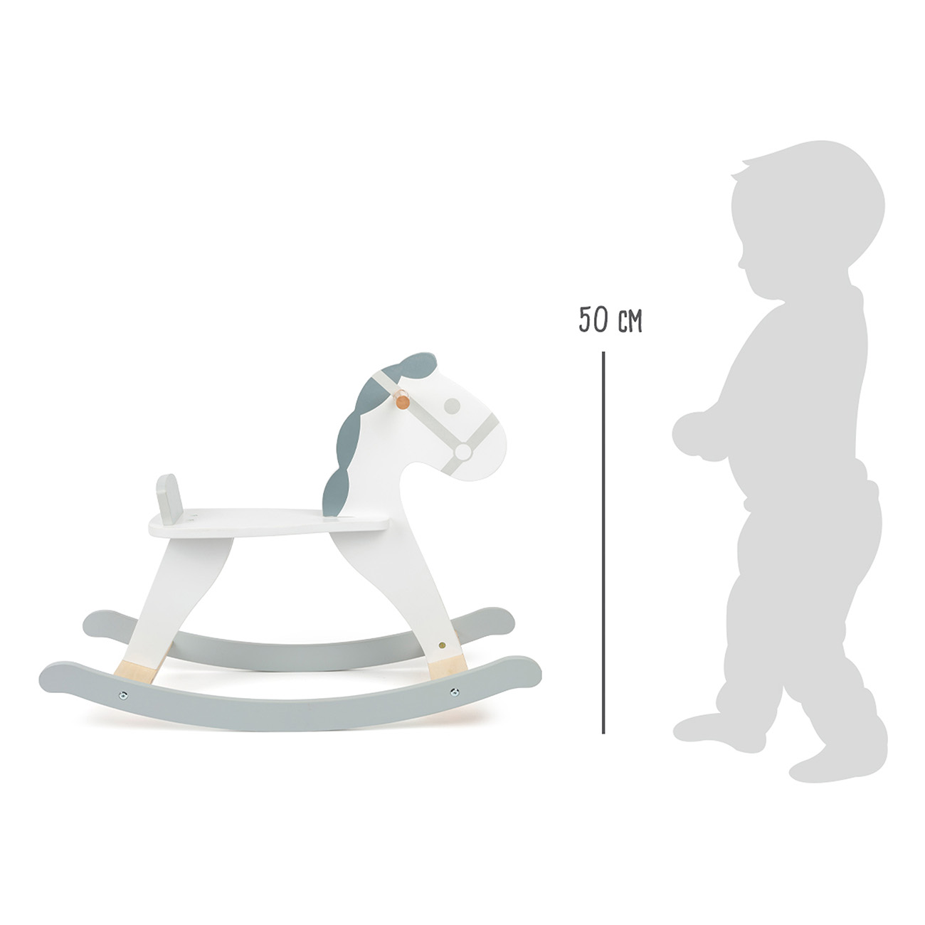 Schaukelpferd aus Holz in Weiß und Grau mit Babysilhouette und Höhenanzeige.
