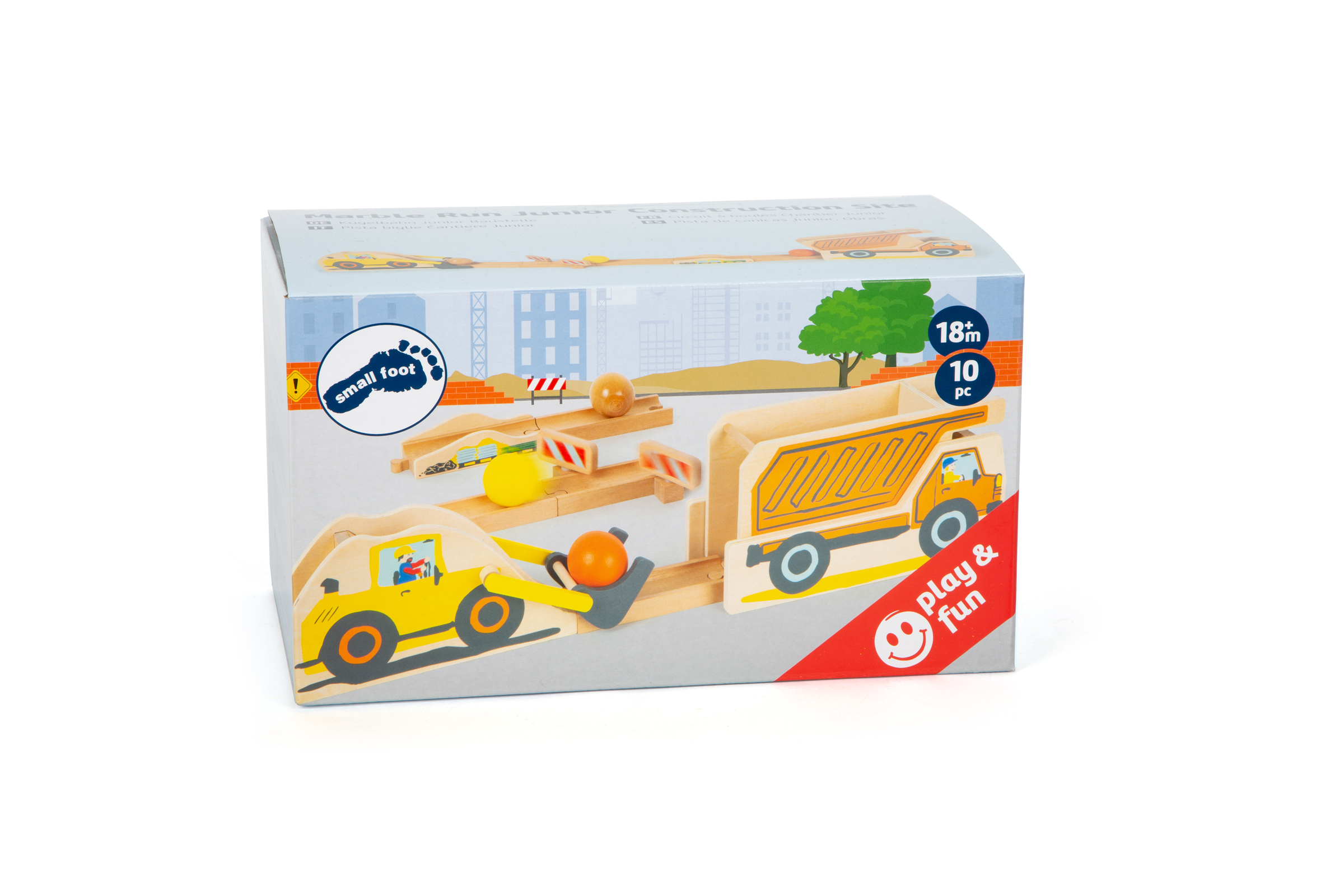 Spielzeug-Konstruktionsset-Box mit hölzernen Baufahrzeugen und Zubehör.