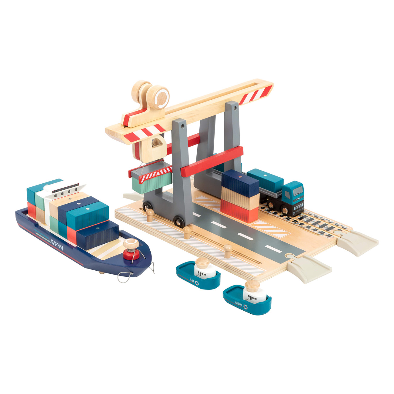 Spielzeug-Holz-Containerhafen mit Schiff, Containern, Kran, LKW und Booten.